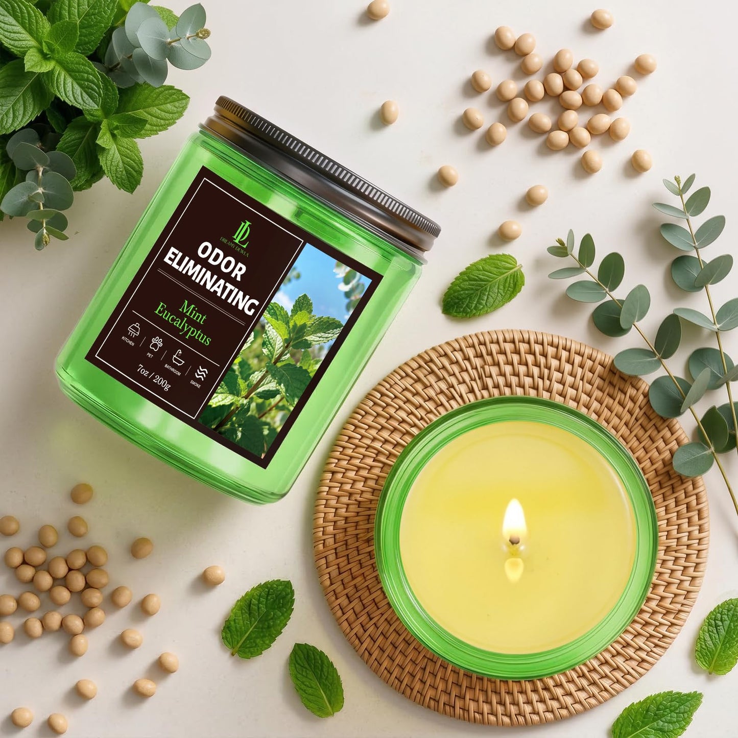 Mint Eucalyptus Odor Eliminating Highly Fragranced Candle, Eliminates 95% of Bathroom & Pet Odors Quickly, Air Freshing Scented Candles, Soy Candle Gifts for Women Men, 7oz
