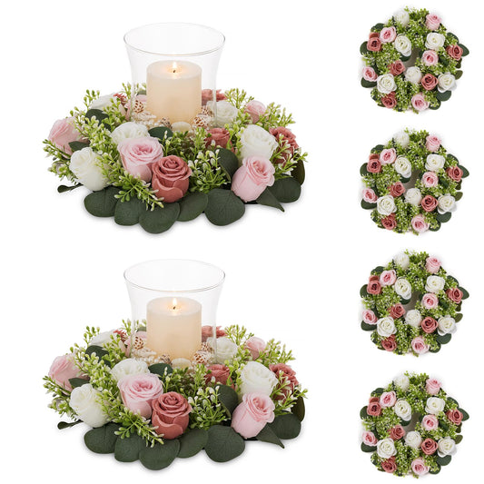 NUPTIO Flower Candle Rings for Centerpieces: 13.4 Inch Artificial Rose Wreath for Wedding Party Christmas - Dusty Rose & White Wreaths for Spring Summer Front Door Porch Table Decor 6 Pcs