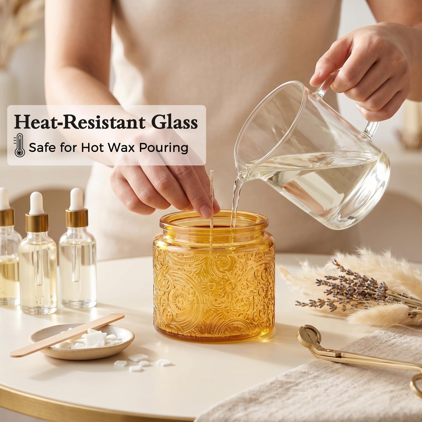 10 oz Embossed Glass Candle Container with Bamboo Lids and Labels, Clear Candle Jars for Making Candles, Sun Moon Stars Design - Pack of 9 (Orange)