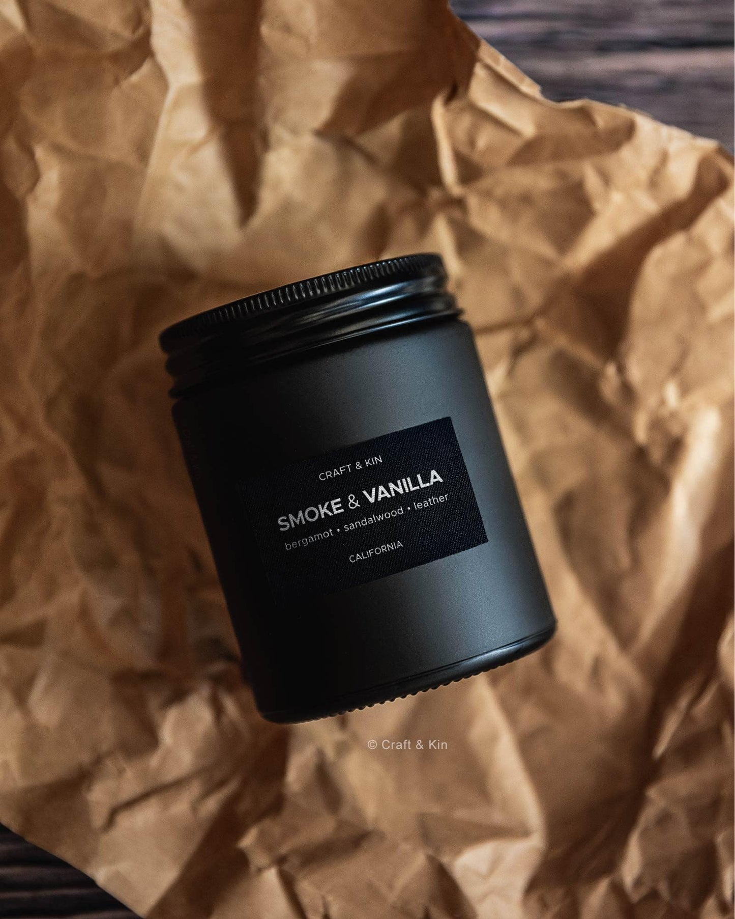 Craft & Kin Premium Smoke & Vanilla Candle | Black Scented Candles for Men | Long Lasting with 45 Hour Burn Time, 7.6oz | Soy Candle | Aromatherapy at Home | Gifts for Men