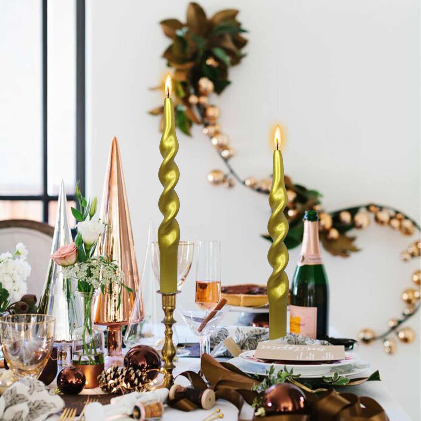 Metallic Twisted Taper Candles Set of 2 10 Inch Christmas Twisted Long Golden Candles for Halloween Christmas Home Dinner Party Wedding