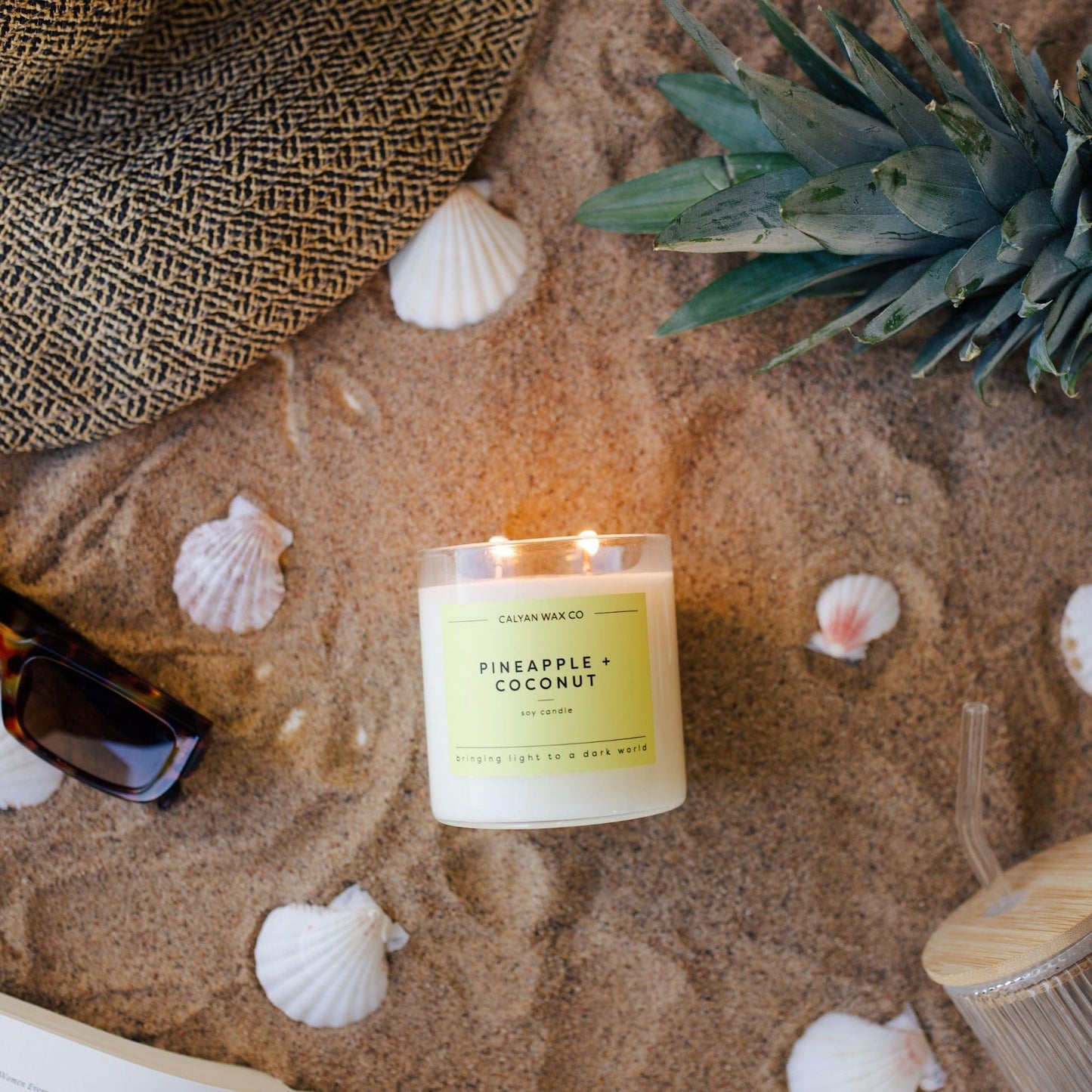 Calyan Wax Co. Pineapple & Coconut 2 Wick Scented Candle - 37 Hour Burn - Luxury Clean Soy Wax Candles - Long Lasting Large Glass Jar Candle for Home - 8.8oz
