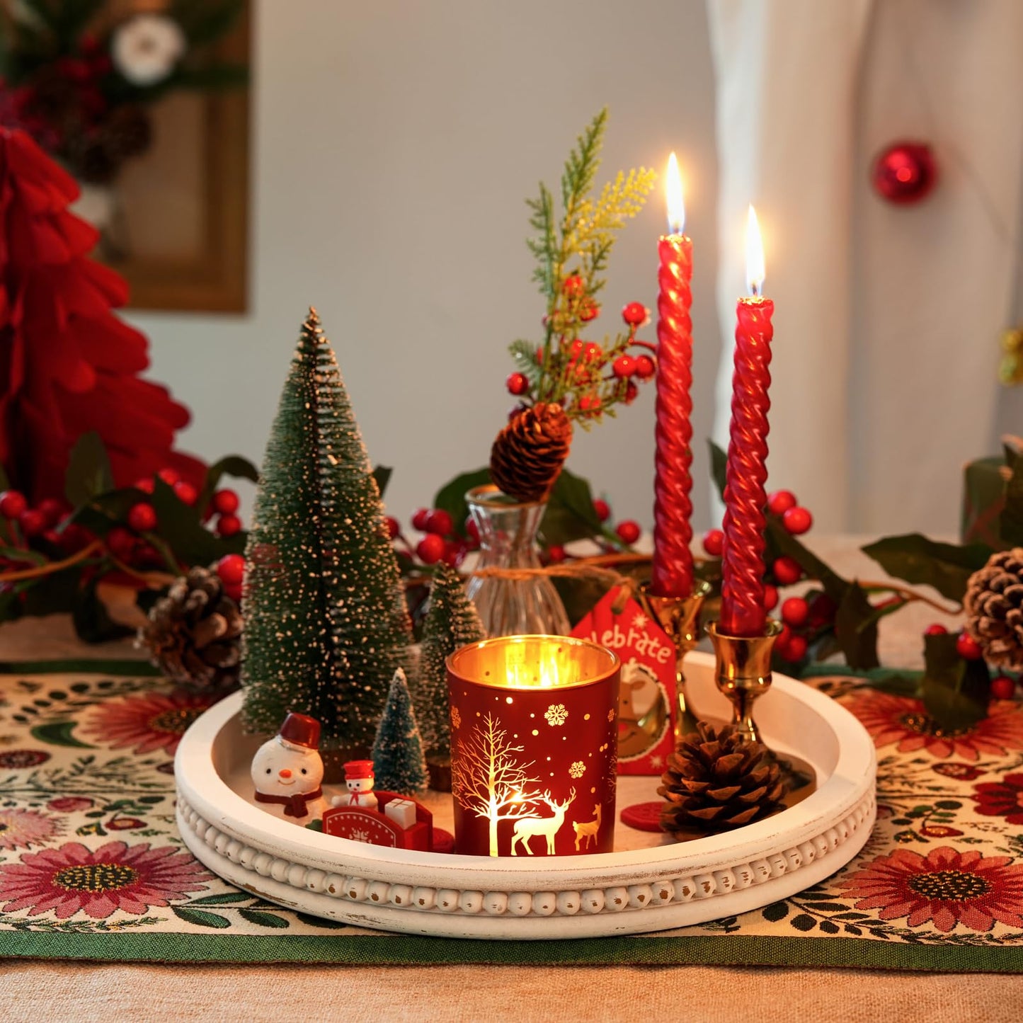 Farmhouse Wood Tray Candle Holder - Romadedi Bead Round Wooden Decorative Tray for Coffee Table Decor Serving Trays Kitchen Counter Rustic Centerpiece for Living Room Home Organizer, White Washed