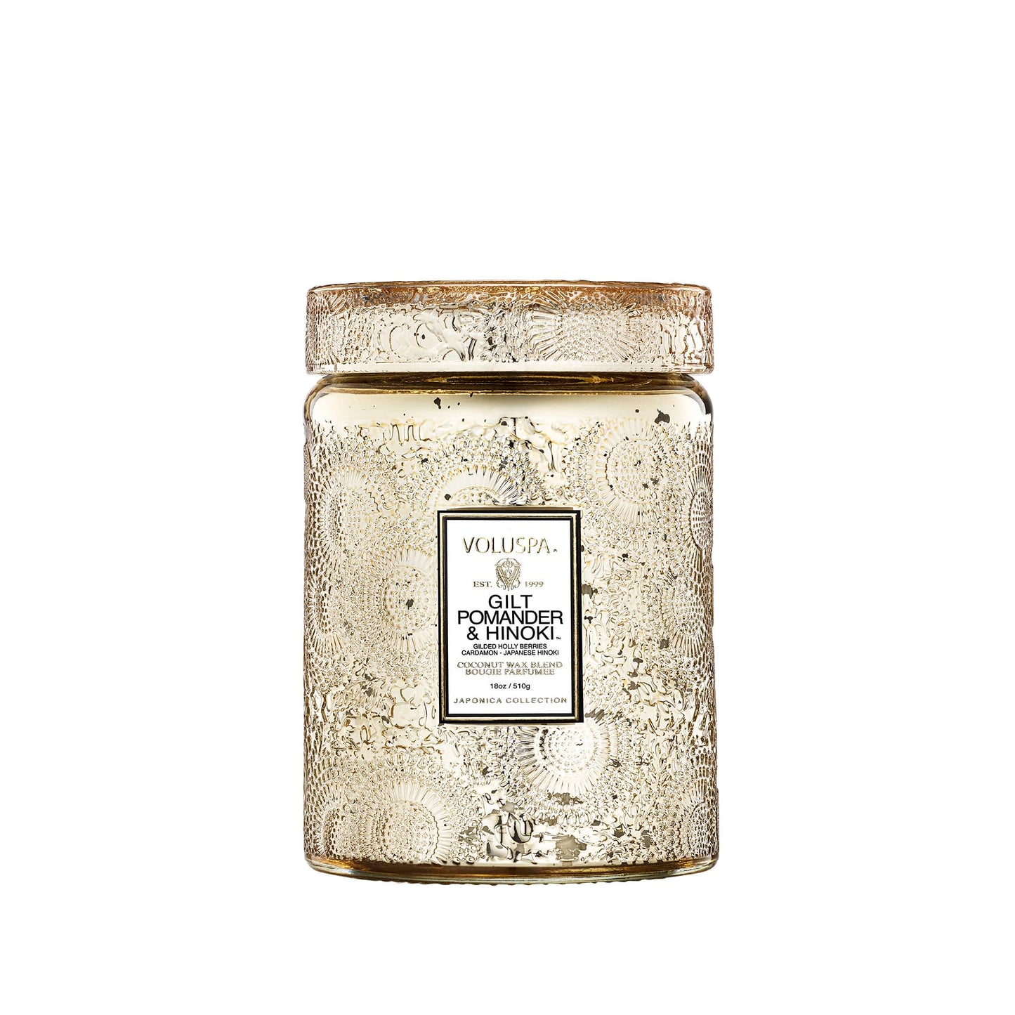 Gilt Pomander Hinoki, Large Candle Jar, 18 oz, 100 Hour Burn Time, Coconut Wax for Clean Burning, Handcrafted in the USA