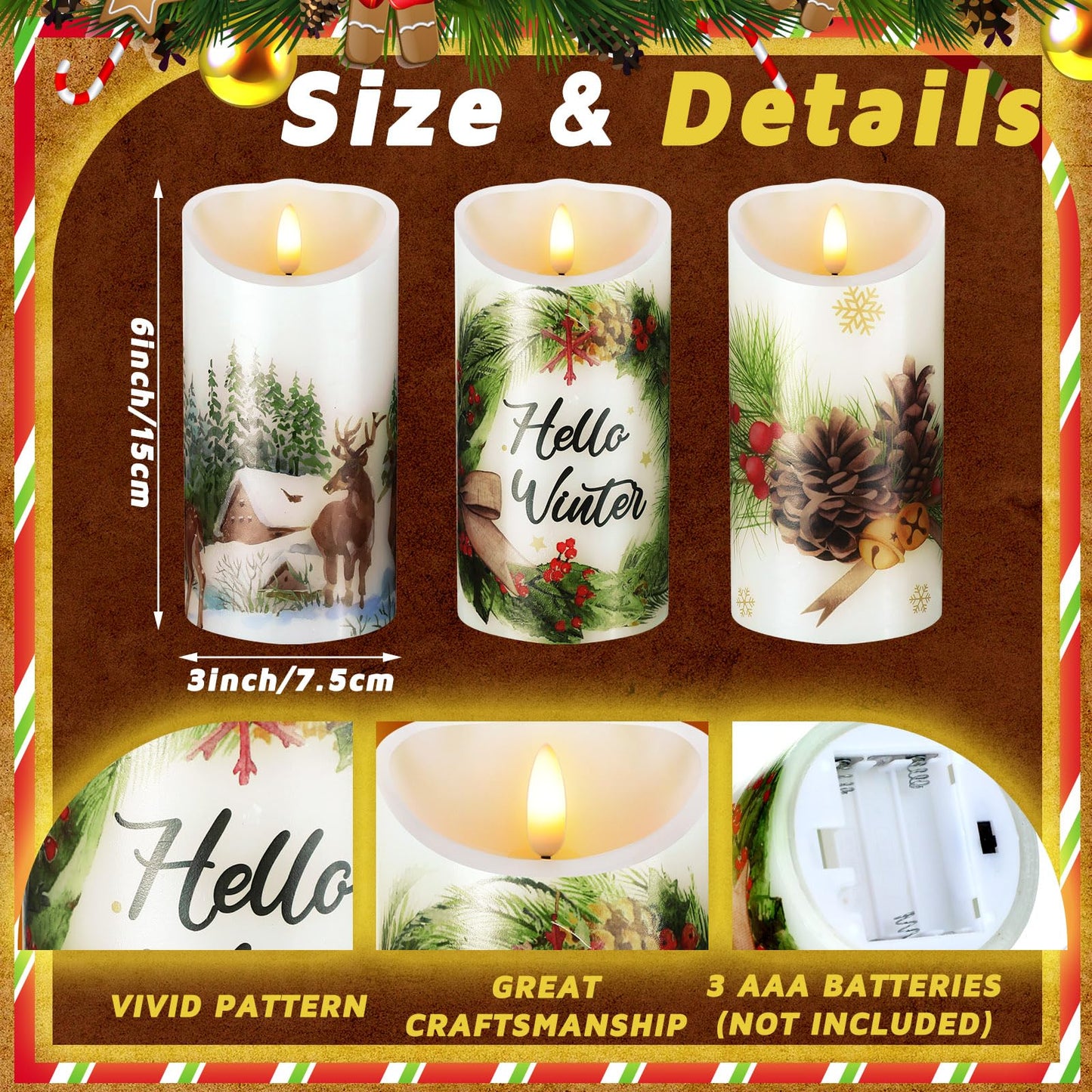 ROCEEI 3 Pcs Winter Forest Candles Battery Operated LED Candles Winter Forest Style Pillar Flickering Real Wax Decorations for Indoor Holiday Party Table Decor
