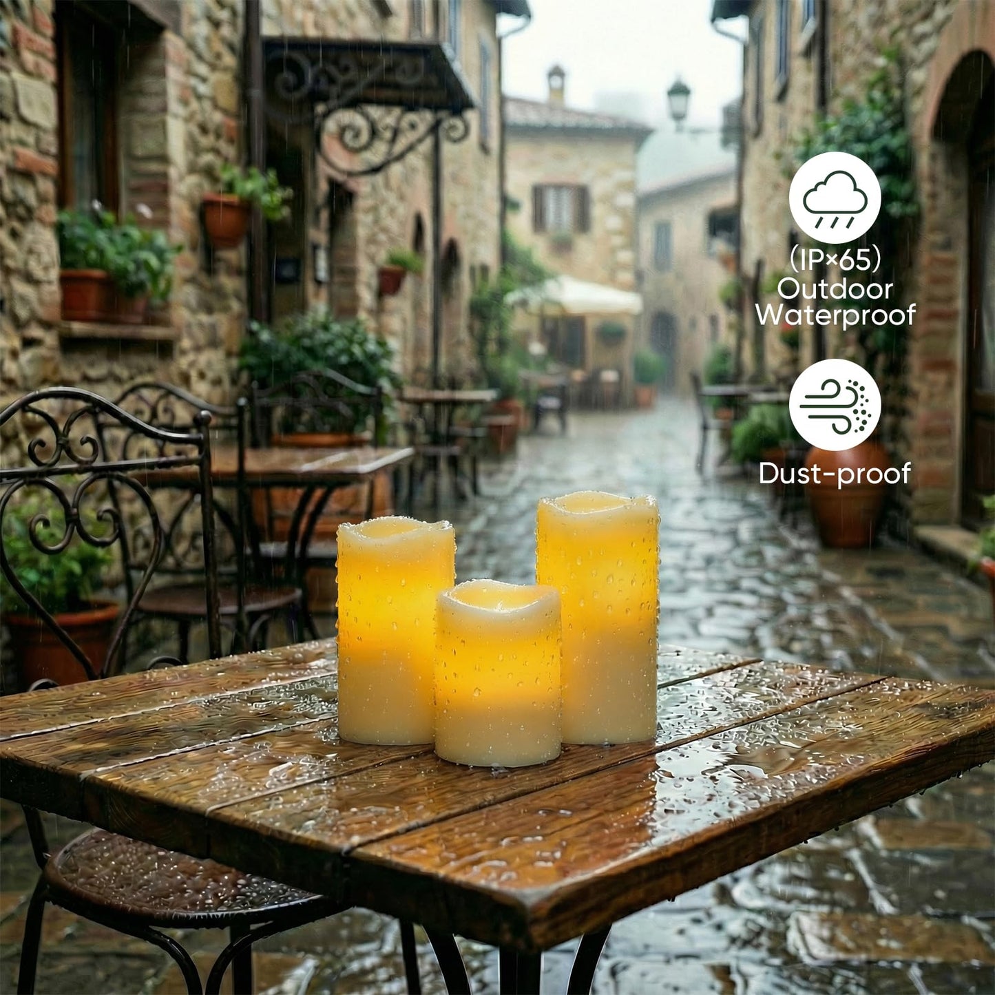 Amagic Outdoor Waterproof Flameless Candles with Timer, Battery Operated Candles with Remote Control, D3 x H4 5" 6" Electric LED Pillar Candle for Outside Patio, Garden, Indoor Decor, Ivory, Set of 3