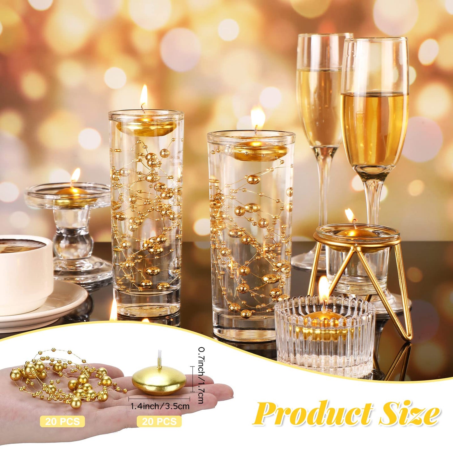 Fumete 40 Pcs Gold Floating Candle & Pearl String Set: 20 Unscented Wax Tealights (1.5") & 20 Faux Pearl Chains (4.4ft), Elegant Vase Filler for Wedding Centerpiece, Bridal Shower & Gala Dinners Decor
