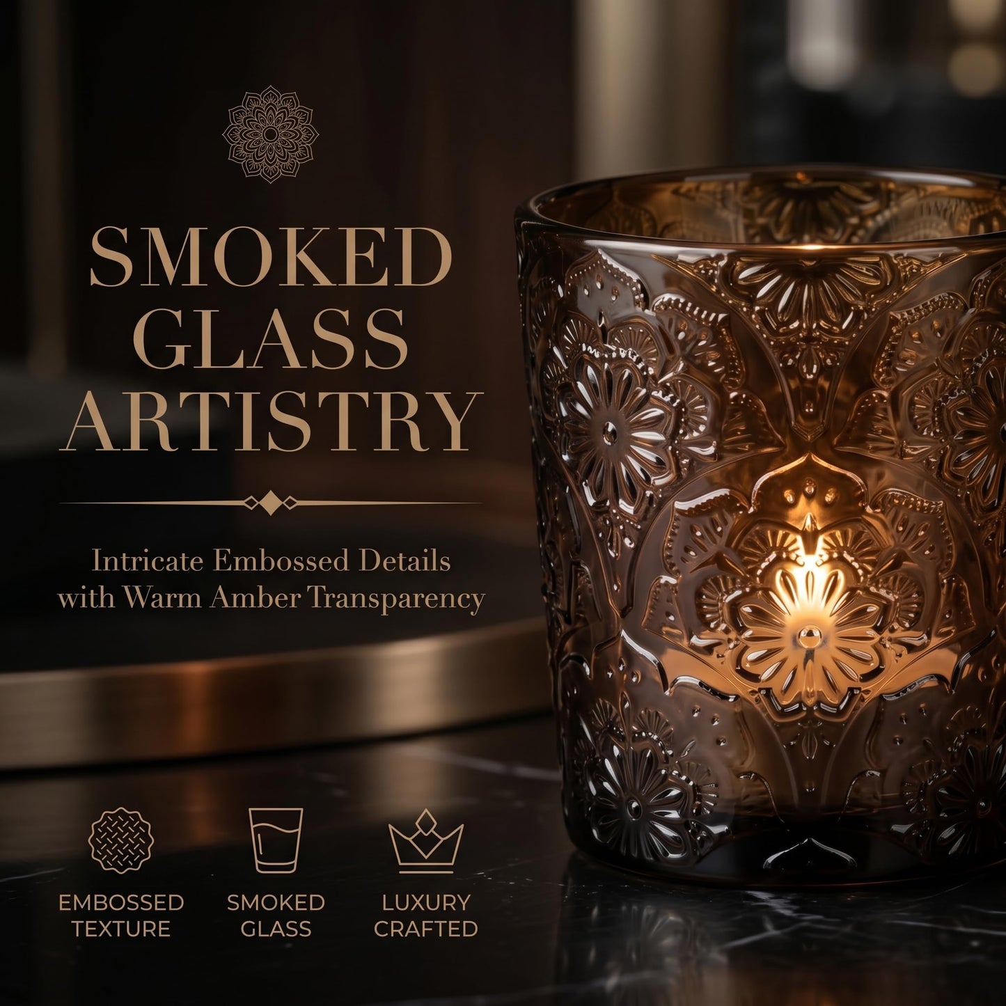 12 Pack Mandala Embossed Glass Candle Holders – Votive Tealight Holders with Patent Design, Decorative Embossed Glass Cups for Wedding Centerpieces, Parties, and Home Décor (Chestnut Brown)