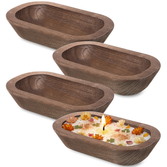 Lyksgir 4 Pcs Wooden Dough Bowls, Table Centerpiece for Candle Making, Rustic Vintage Carved Pine Wood Candles Decoration Bowls, 10×6×2inch, for Home Decoration DIY Crafts, Brown