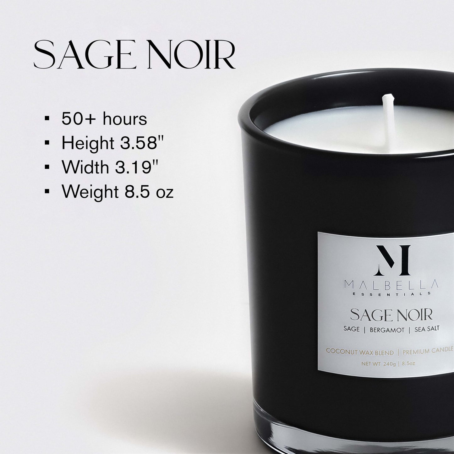 Malbella Essentials Sage Noire Luxury Scented Candle for Women & Men | 8.5 oz Hand-Poured Coconut Wax Blend | Modern Self-Care Aromatherapy Candle | 50 Hr Burn | Gift-Ready Glossy Glass Vessel