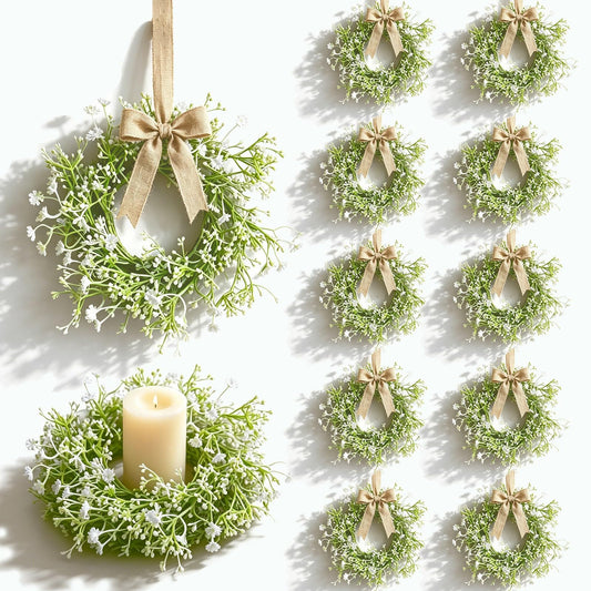 12 Pcs Mini Baby Breath Hanging Wreaths Gypsophila Candle Rings Pillar Holder Wreath Artificial Flower Spring Summer Floral Wreath for Wedding Farmhouse Porch Cabinets Table Decoration