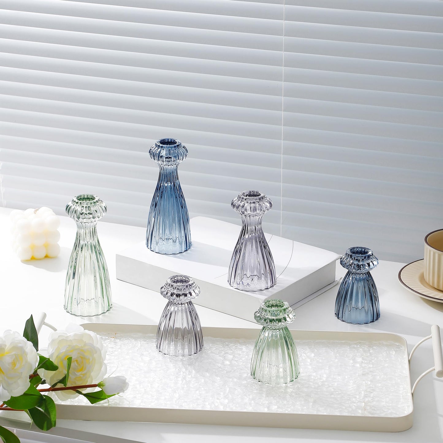 Lysenn Glass Candle Stick Holder Set of 3 – Premium Taper Candle Holders for Romantic Ambiance - Candle Sticks Holder Decor for Special Occasions - Green