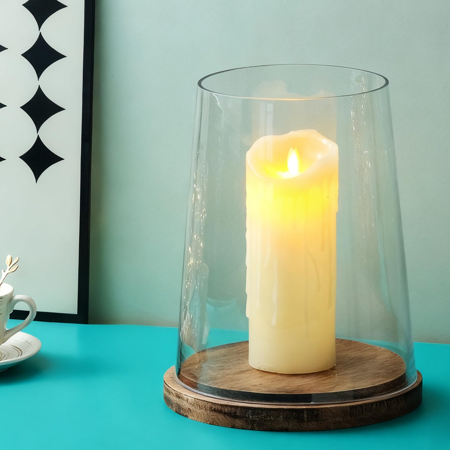 8" Wide Glass Hurricane Candle Holders with Handmade Sturdy Glass Sleeves and Vintage Natural Wood Base for Pillar Candle & Plants, Industrial, Farmhouse, Display Cloche Bell Jars, Table Centerpiece