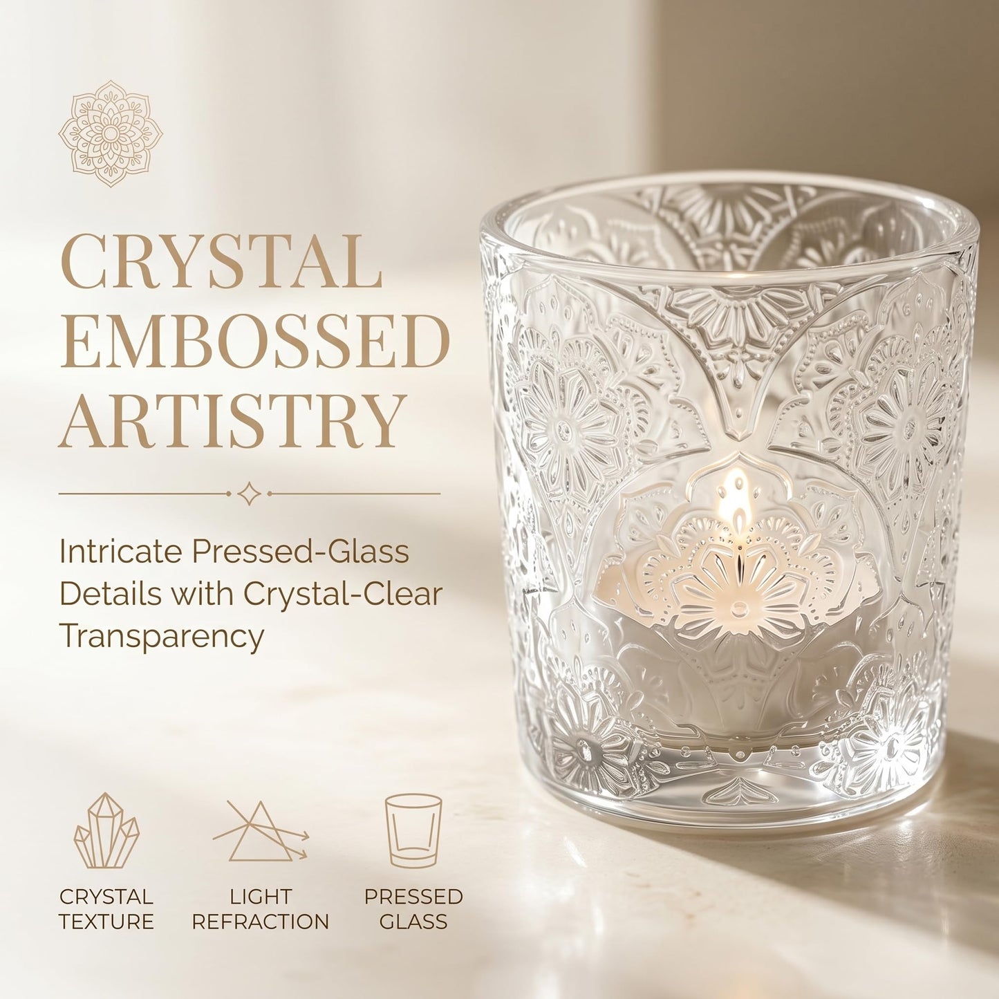 6 Pack Mandala Embossed Glass Candle Holders – Votive Tealight Holders with Patent Design, Decorative Embossed Glass Cups for Wedding Centerpieces, Parties, and Home Décor (Crystal Clear)
