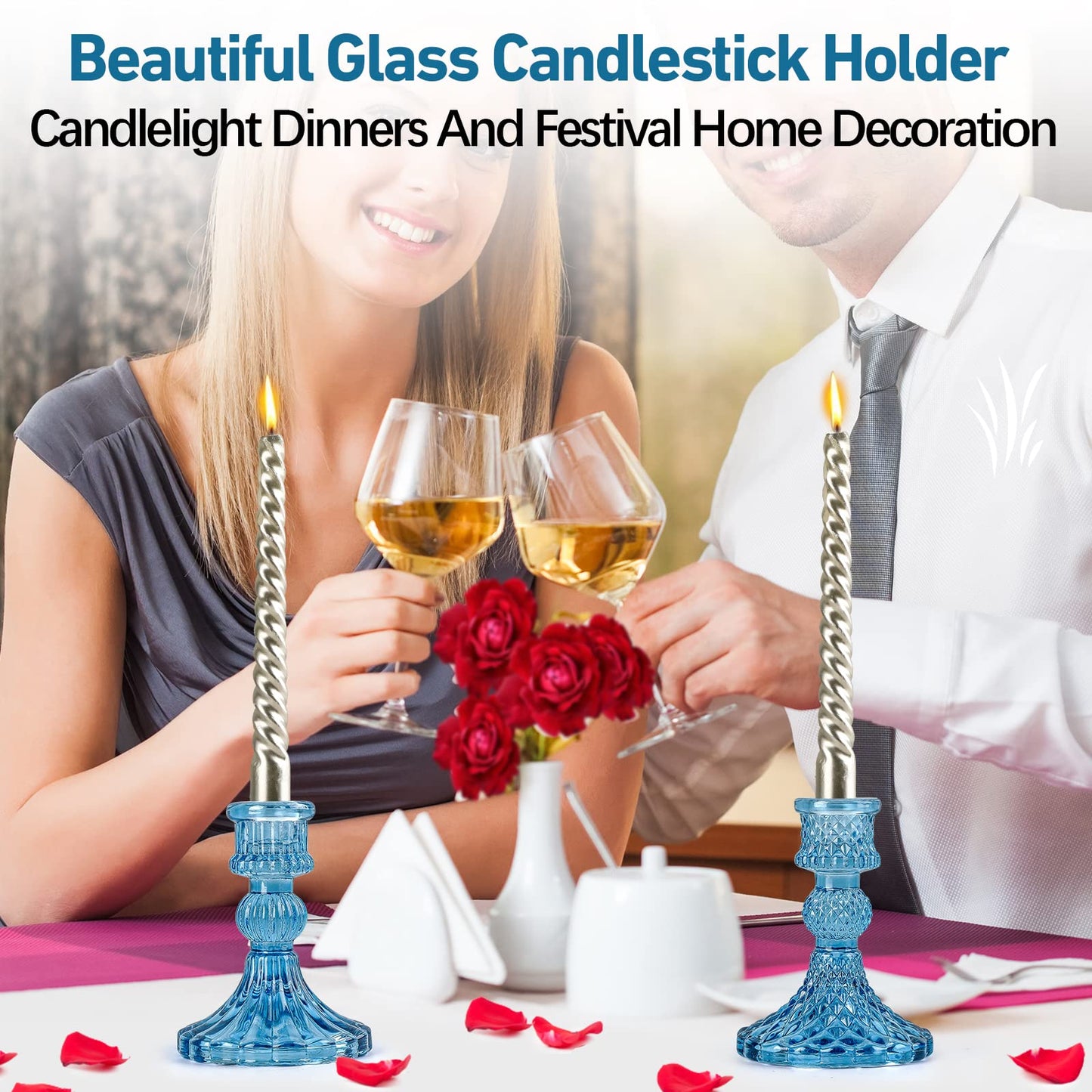 Blue Glass Candlestick Holders,Set of 8 Include Taper Candle Holders and Stripe Candle Holders,Two Style for Formal Events, Wedding, Festival,Church, Party & Festival Decoration