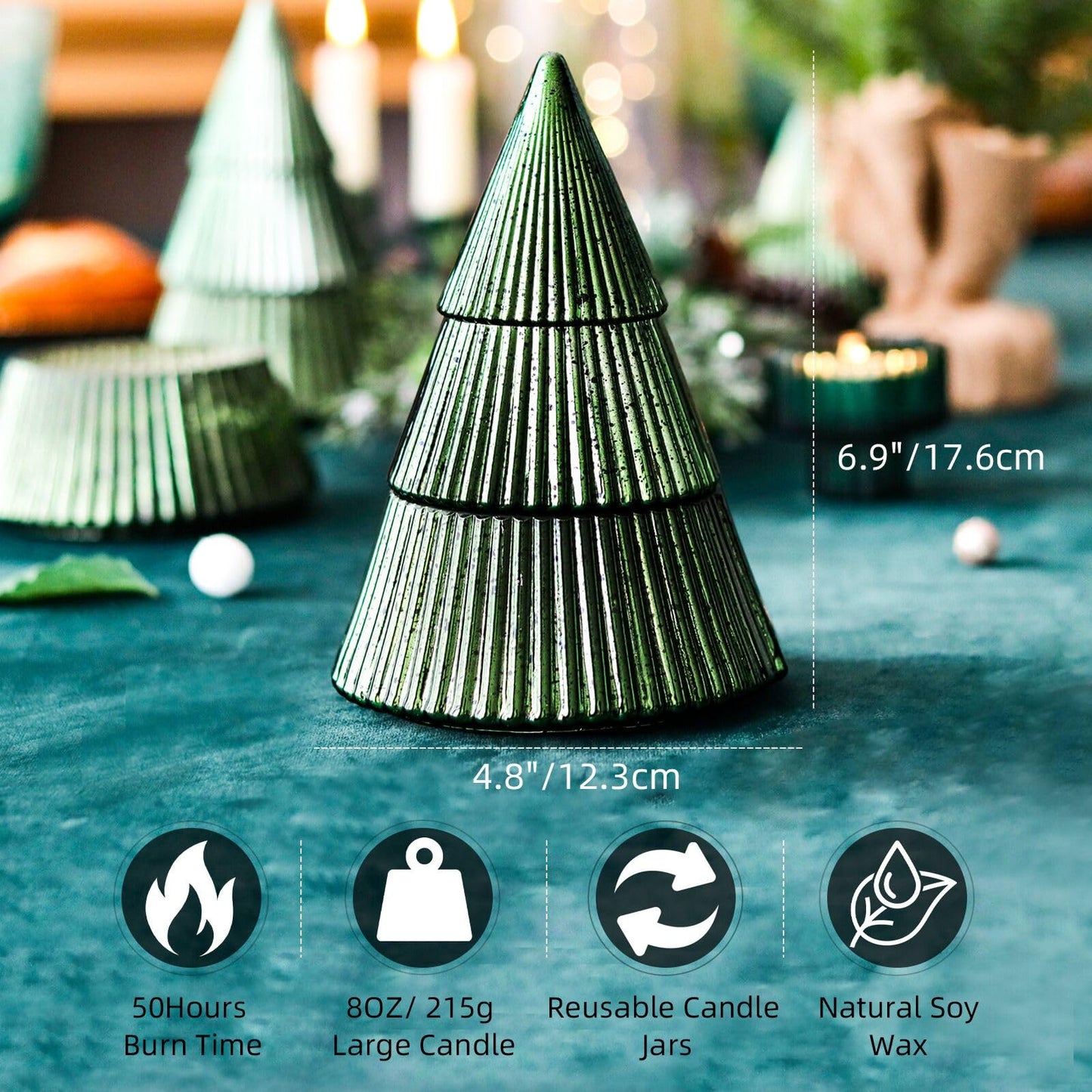 SYFURNIX Fir Pine Scented Candle Mercury Glass Tree Decorative Scented Candle Soy Wax Aromatherapy for Spring Home Table Decor Gift for Women 8oz Green