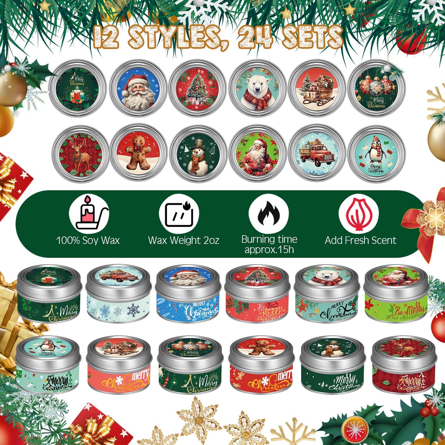 MTLEE 24 Sets Christmas Scented Soy Wax Candles Aromatherapy Candles with Organza Bag and Cards Bulk, Portable Travel Tin Candle Party Favors Christmas Gifts for New Year Home Supplies(Retro)