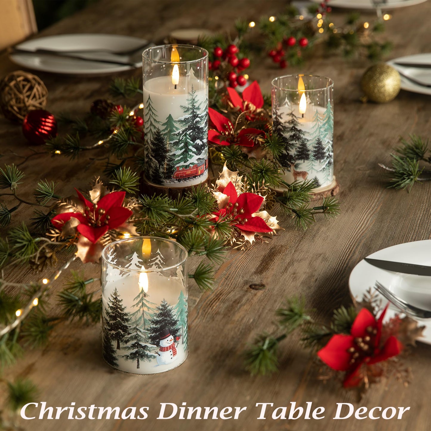 LUSHARBOR LUSHABOR Christmas Flameless Candles, 3 Pack Battery Operated Candles for Christmas Mantel Decor, Glass LED Flickering Candles Home Xmas Party Holiday D3 H4 5" 6", Trees