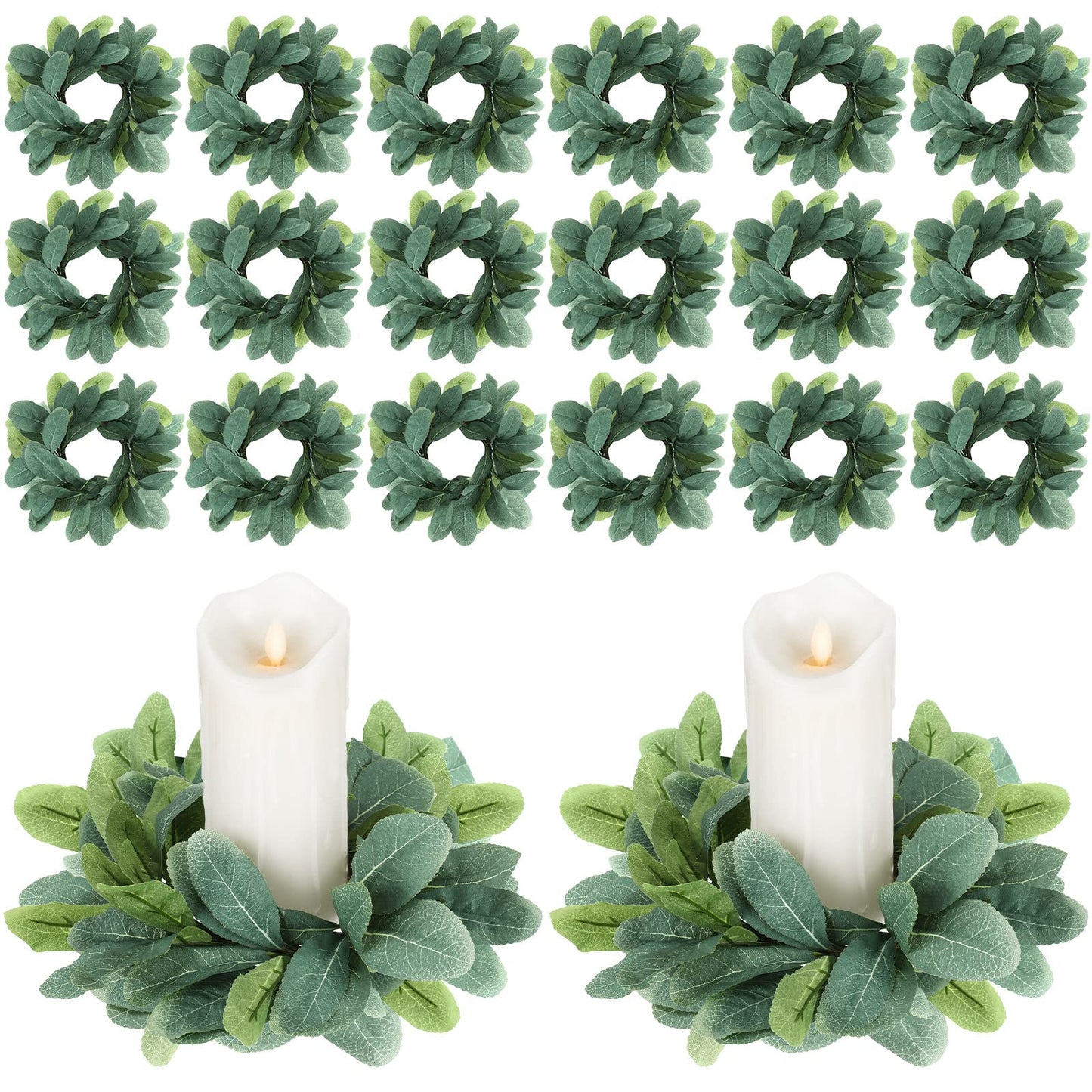 Panelee 20 Pcs Candle Rings Artificial Eucalyptus Candle Wreath Rings Greenery Leaves Boho Candles Garland Pillar for Wedding(Cute Leaf Style)