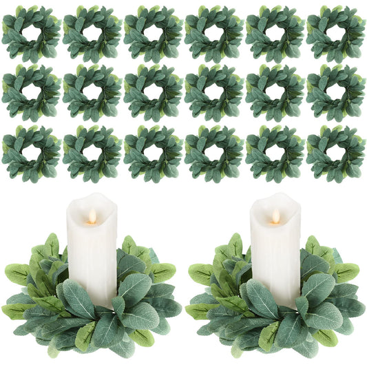 Panelee 20 Pcs Candle Rings Artificial Eucalyptus Candle Wreath Rings Greenery Leaves Boho Candles Garland Pillar for Wedding(Cute Leaf Style)