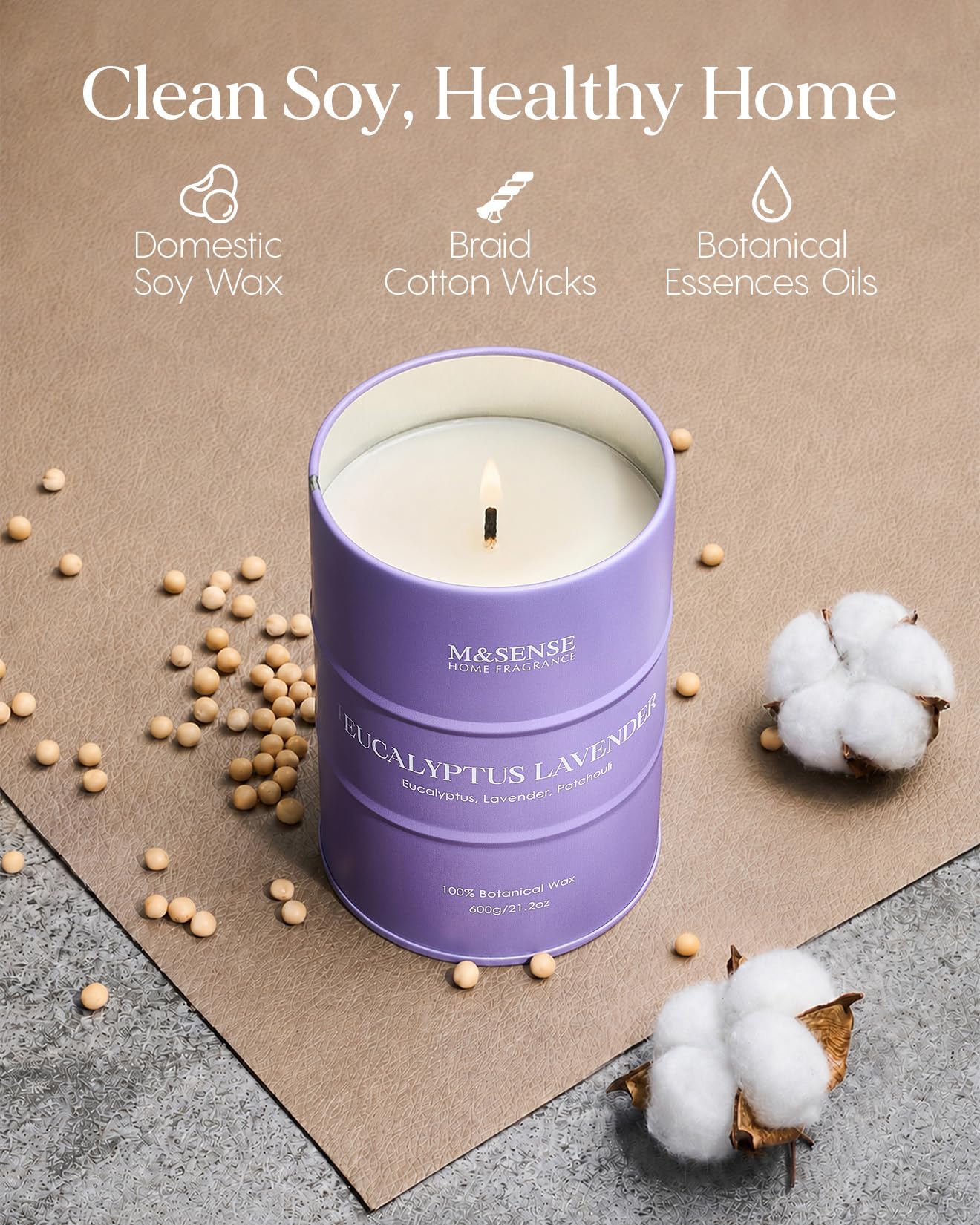 M&SENSE Eucalyptus Lavender Scented Candles Large, Natural Soy Candles 21.2oz 120 Hour Slow Burning,Aromatherapy Candle for Stress Relief Meditation Relaxing