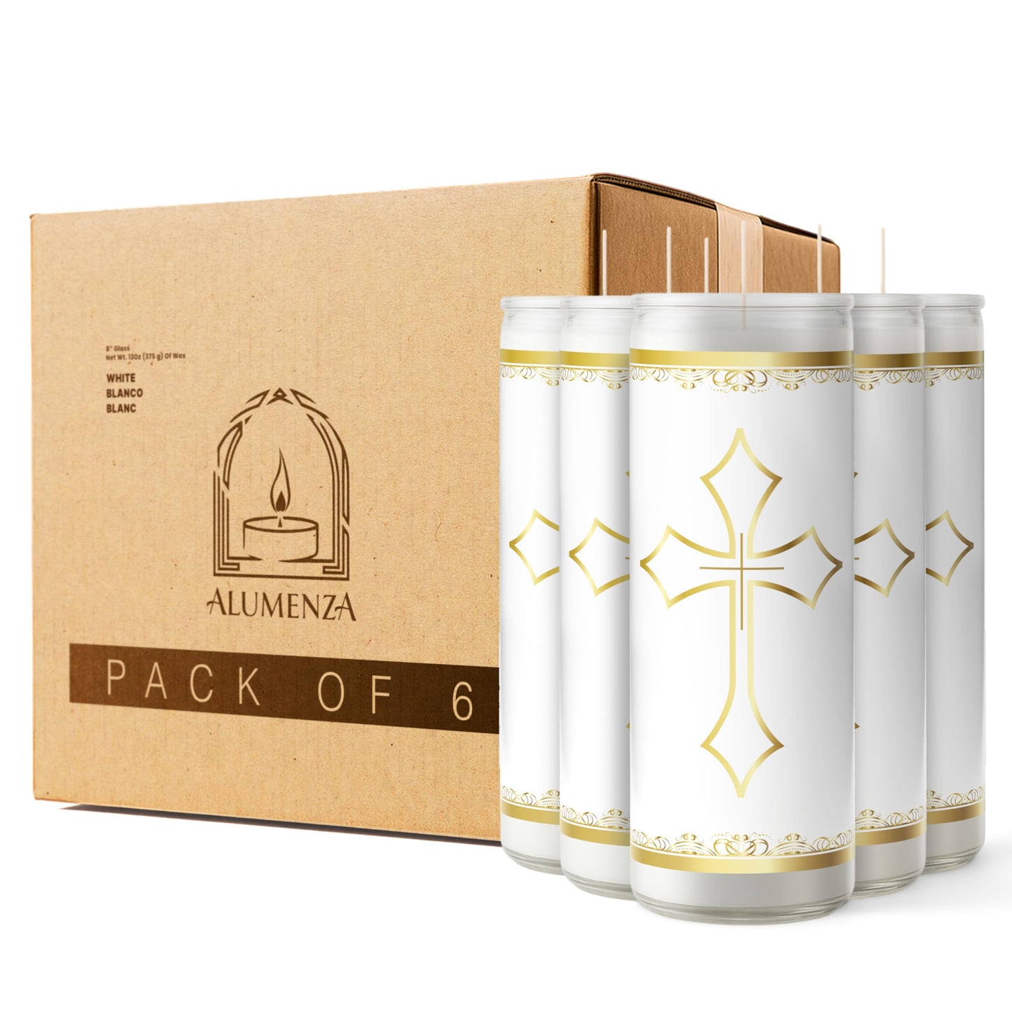 Alumenza 6 Pack Santa Cruz Candle in Glass Jar 90 Hours– Paraffin Wax, Clean Burning Unscented | Large & Tall Devotional Prayer Pillar Candles for Home, Memorial, Rituals
