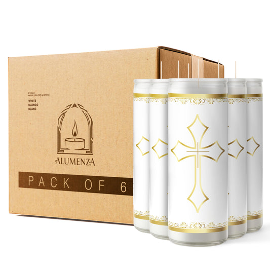 Alumenza 6 Pack Santa Cruz Candle in Glass Jar 90 Hours– Paraffin Wax, Clean Burning Unscented | Large & Tall Devotional Prayer Pillar Candles for Home, Memorial, Rituals