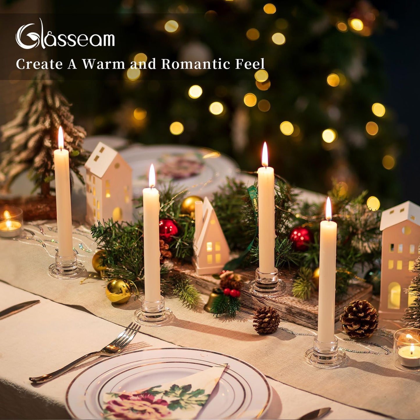 Glasseam Glass Tapered Candlestick Holders: Small Taper Candle Holders Set of 4 Clear Candle Sticks Holder for Table Centerpiece Short Modern Candle Holder for Wedding Christmas Home Decoration