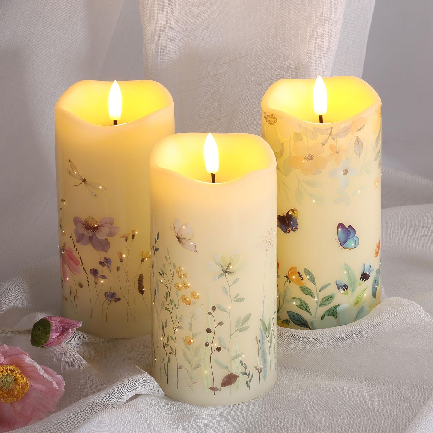 Eywamage Fiber Optic Flameless Pillar Candles with Remote Set of 3, Butterfly Floral Spring LED Candles Battery Operated Gift Φ 3" H 6"