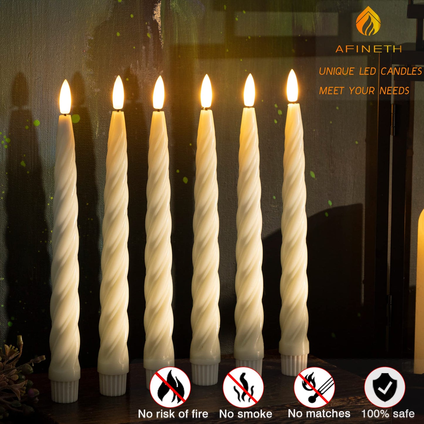 AFINETH Flameless Taper Candles with 3D Wick, 9.6" Real Wax LED Candles with Remote and Timer, 3 Pack Flickering Candlesticks Battery Operated, Spiral Taper Candle for Home, Wedding, Party, Ivory