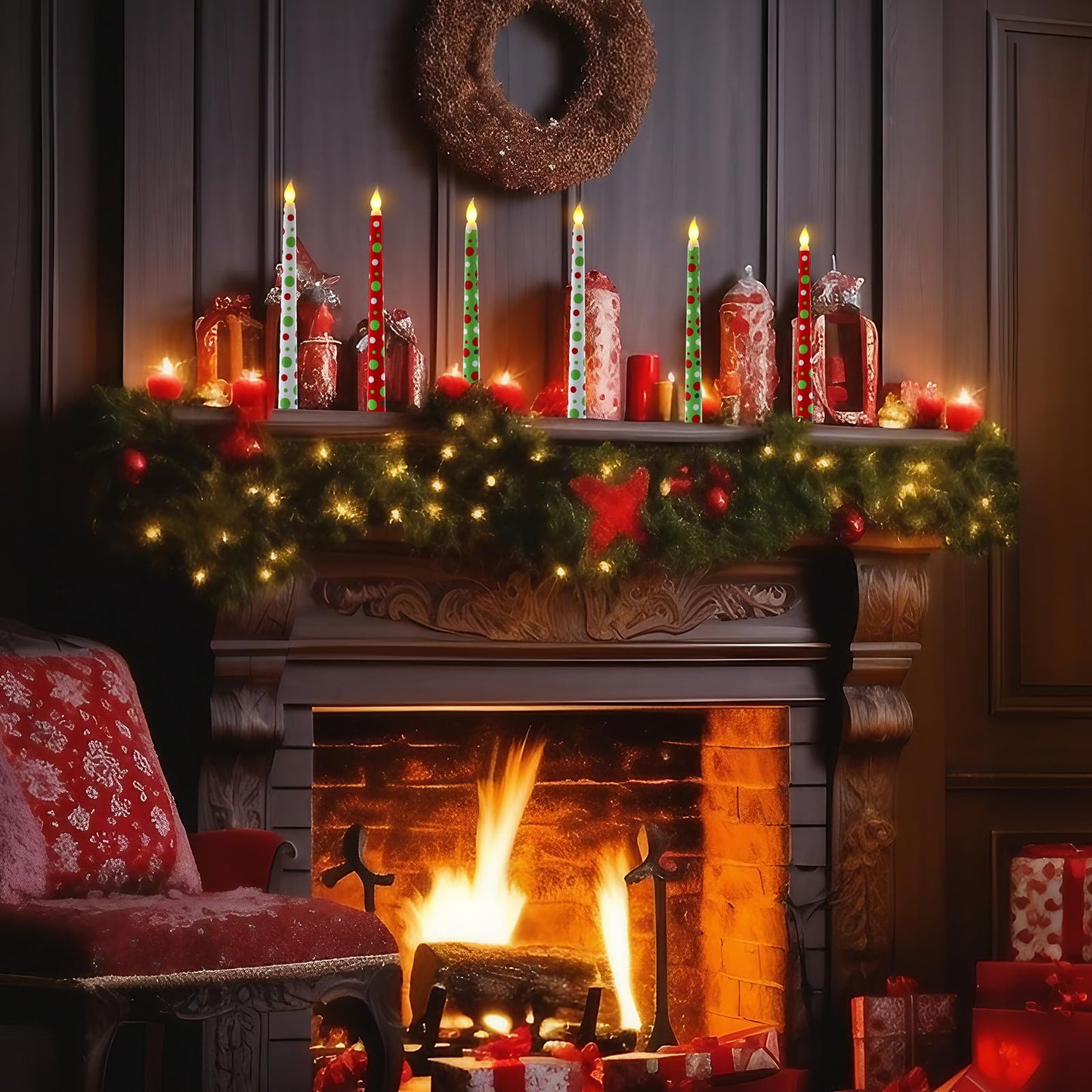 Kittmip 6 Pcs Christmas Flameless Taper Candles 11 Inch Long Polka Dots White Red Green Battery Operated LED Candles Elf Candlestick Table Centerpiece for Xmas Winter Holiday Party Decor