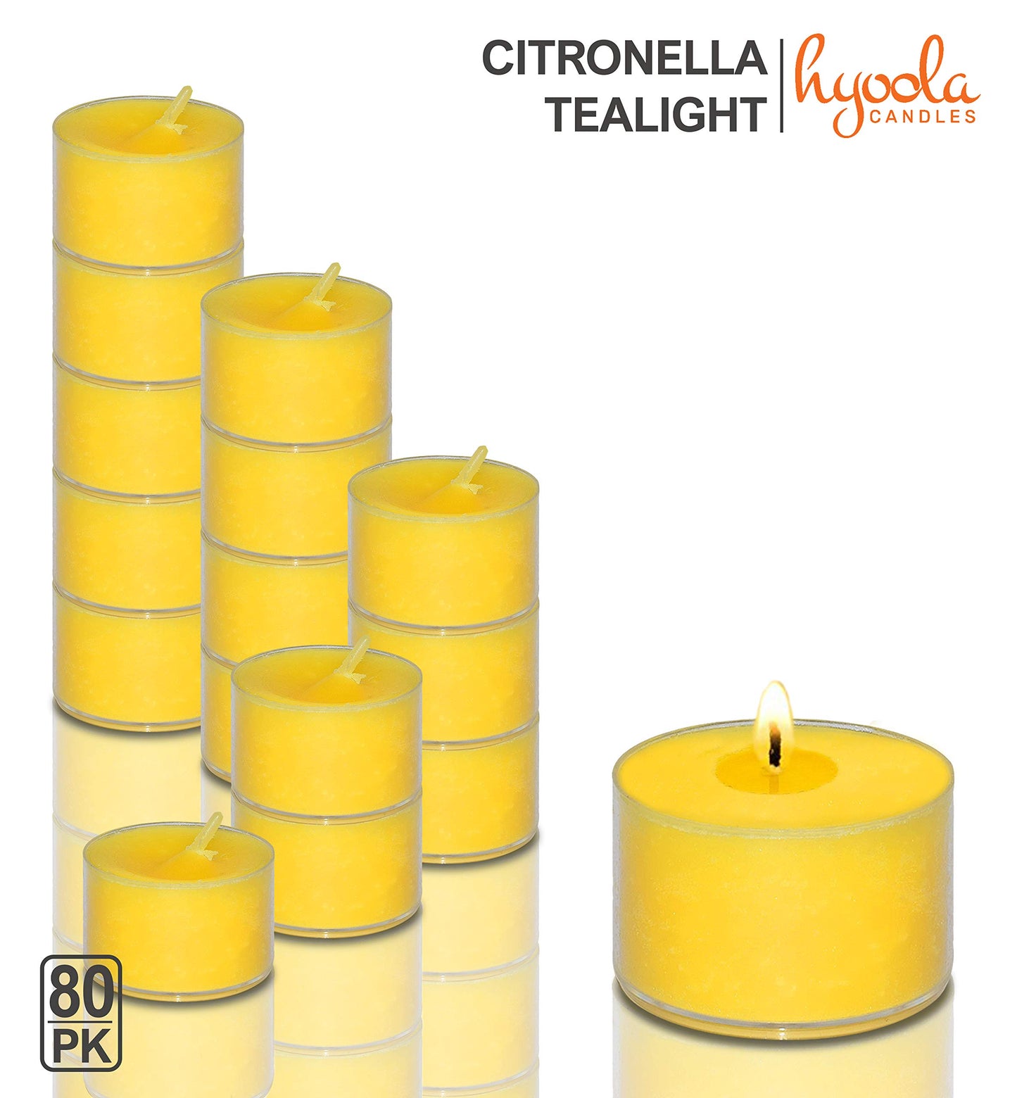 Hyoola Tealight Citronella Candles Outdoor, 8 Hour Burn Time - Indoor and Outdoor Mosquito, Insect and Bug Repellent Citronella Candle, Natural Fresh Scent, Decorative in Clear Cup (Pack of 80)