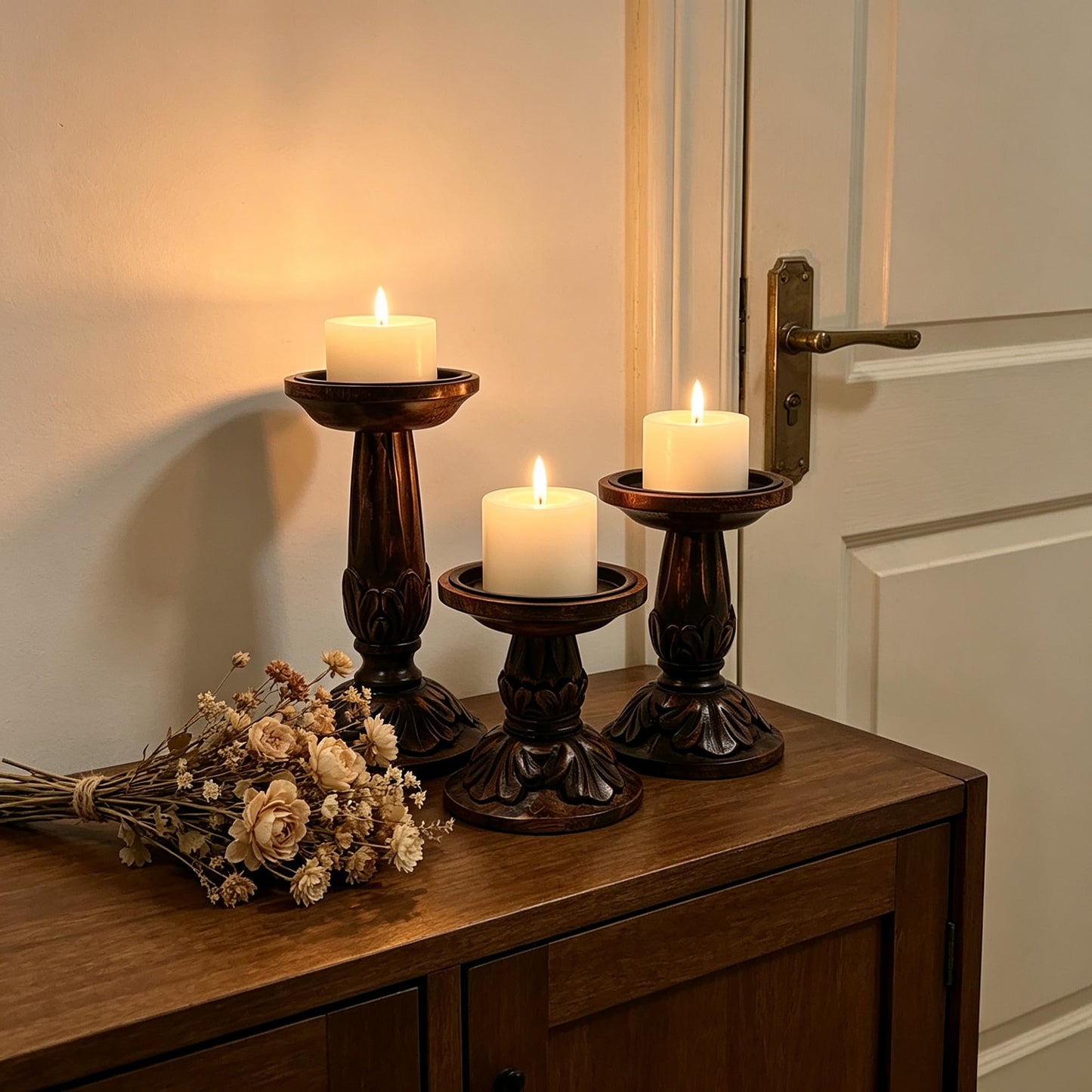 Hosley Set of 3 Dark Brown Wood Pillar Candle Holders 8 Inches 6 Inches and 4.25 Inches High Ideal for LED and Pillar Candles Gifts for Weddings Party Home Spa Reiki Aromatherapy