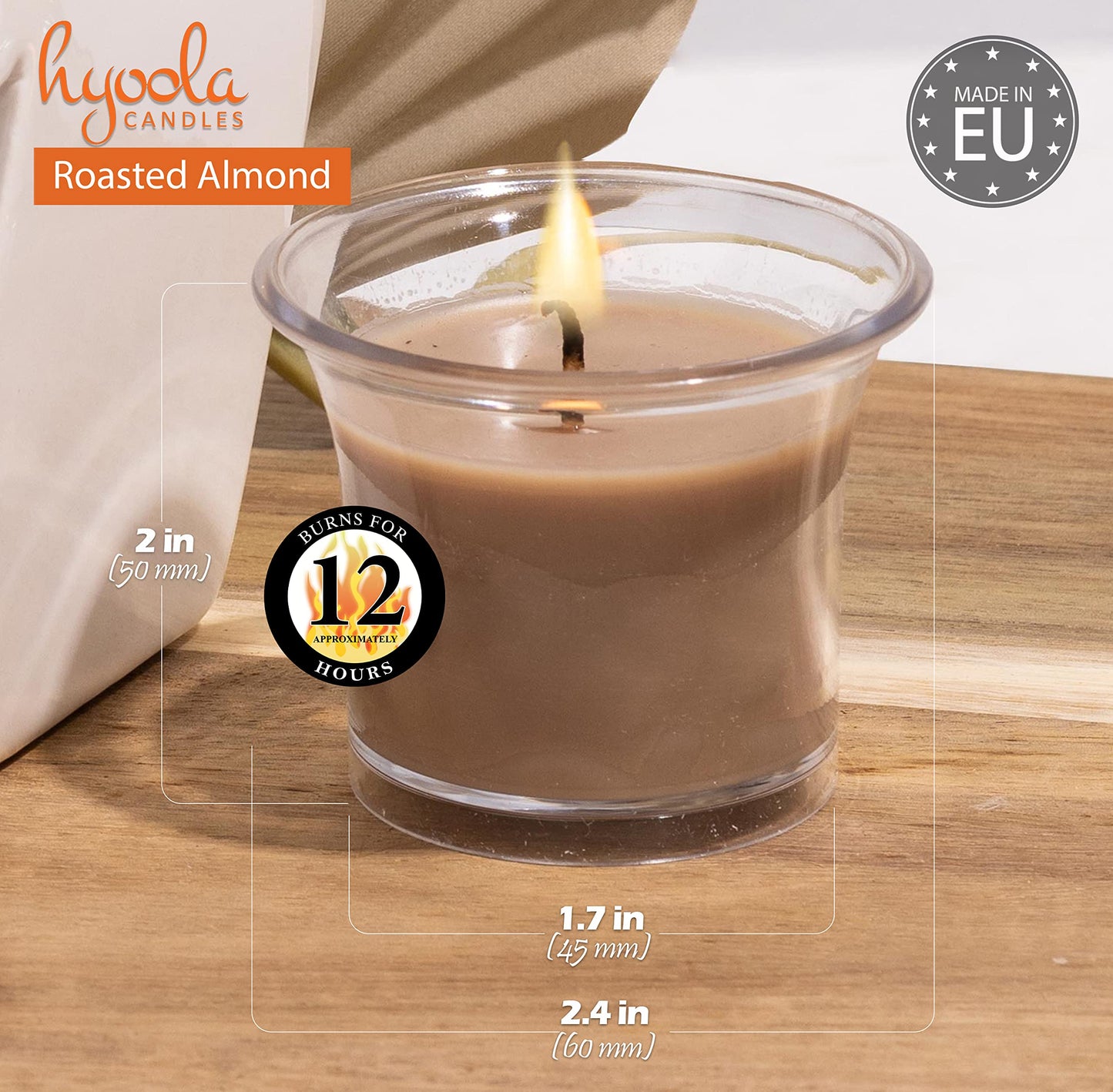 HYOOLA Clear Cup Scented Votive Candles - Roasted Almonds - 12 Hour Burn Time - 4 Pack - European Made