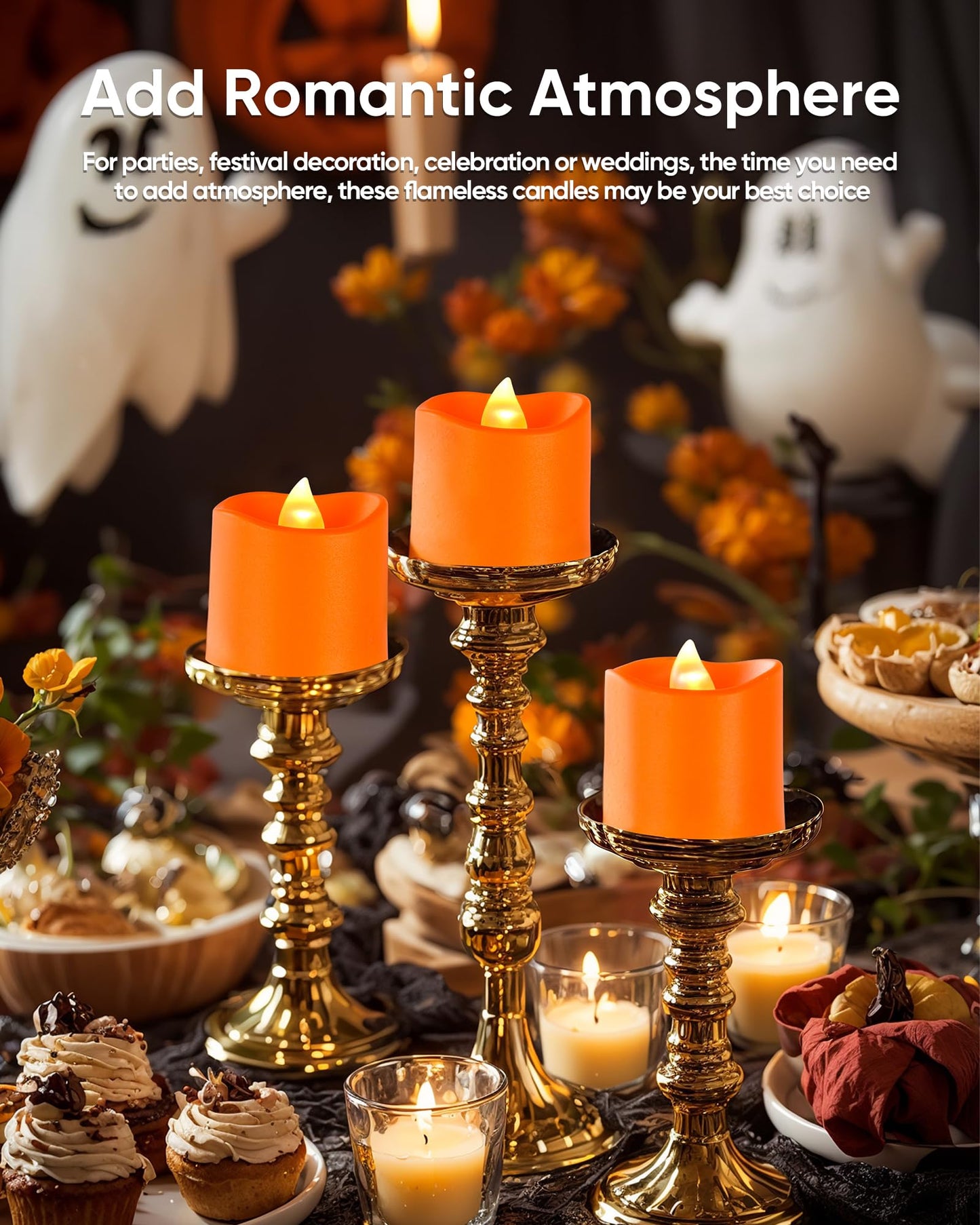 Homemory 24Pack 400+Hour Remote Control Flameless Candles, 2/4/6/8H Timer Led Votive Candles, Battery Operated Tea Lights for Wedding Table Centerpiece, Holidays, Halloween Pumpkins-Orange