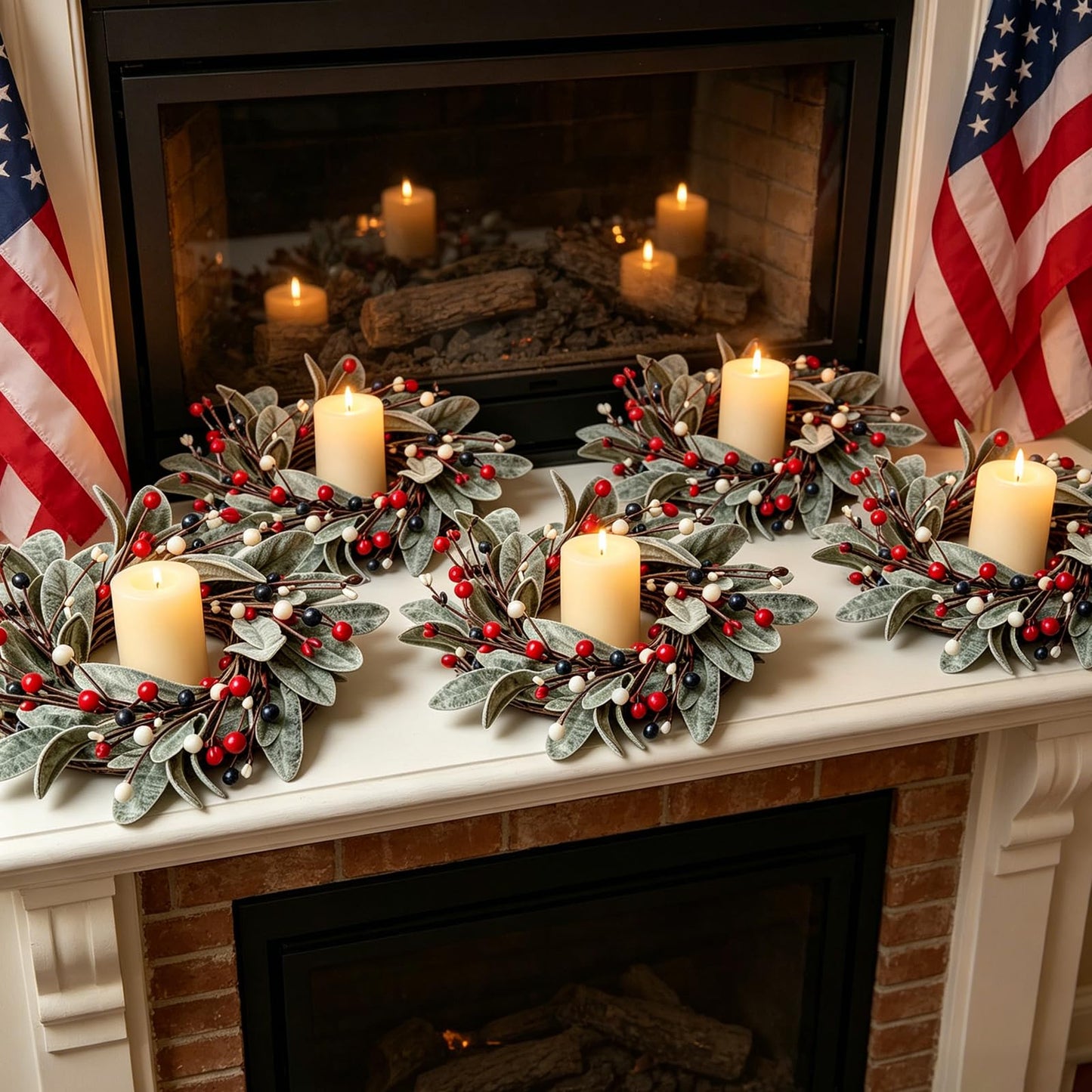 6 PCS Patriotic 4th of July Candle Rings Wreaths Independence Day Candle Rings Holder with Red White Blue Berries & Lamb's Leaves Mini Memorial Day Labor Day Wreath for Home Table Centerpiece Decor