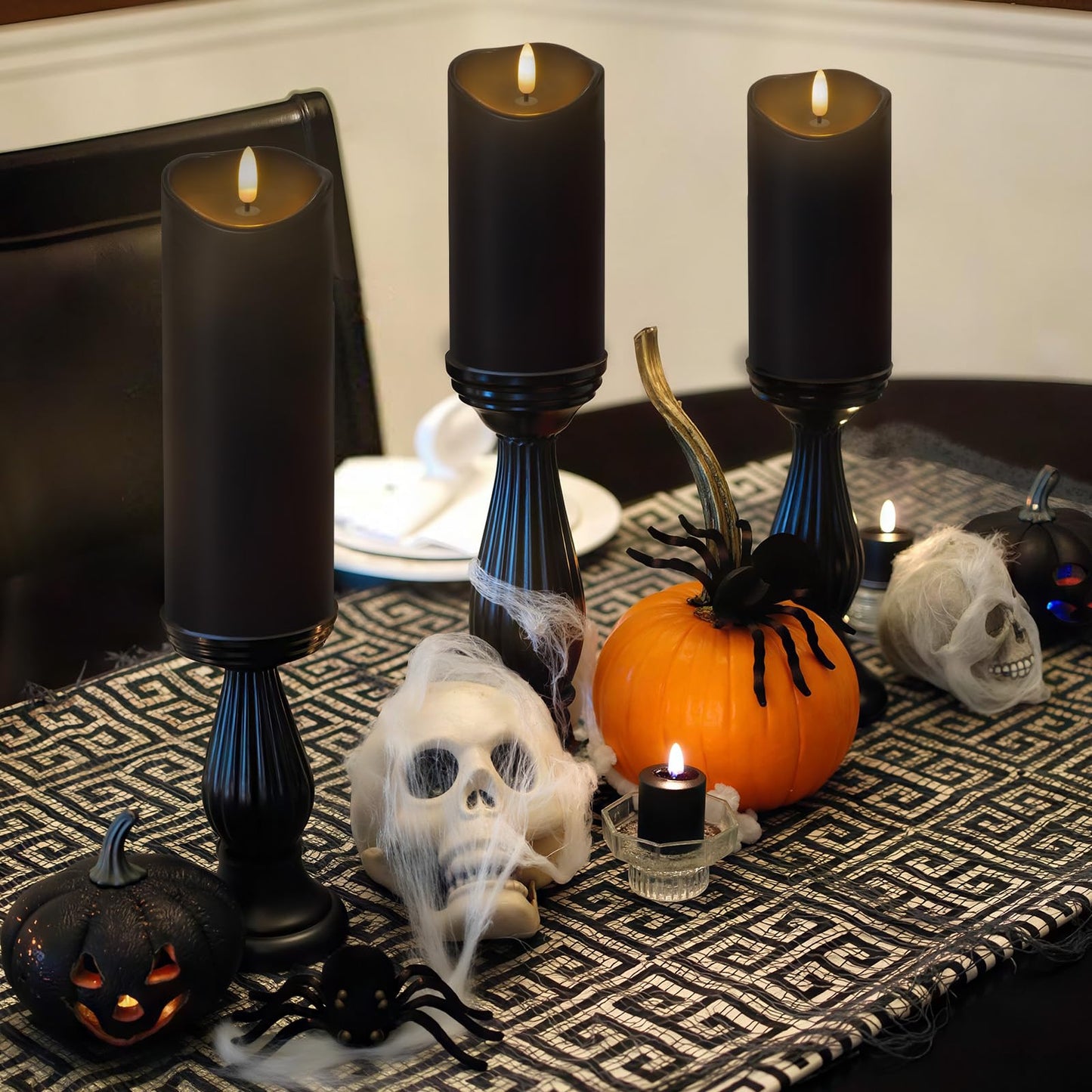 Outdoor Flameless Candles with Remote Timer - Waterproof Realistic Flickering LED Pillar Electric Battery Operated Fake Candle for Home Halloween Christmas Party Decor - 3 Pack Black (D3”H4”6”8”)
