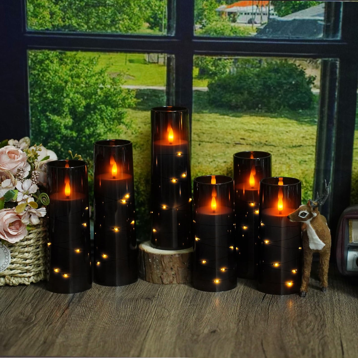 Eebuss Flameless Candles with Embedded Star String, Battery Operated LED Pillar Candles with Timer and Remote Control,Home Decorating for Ambiance， Set of 7(Black)