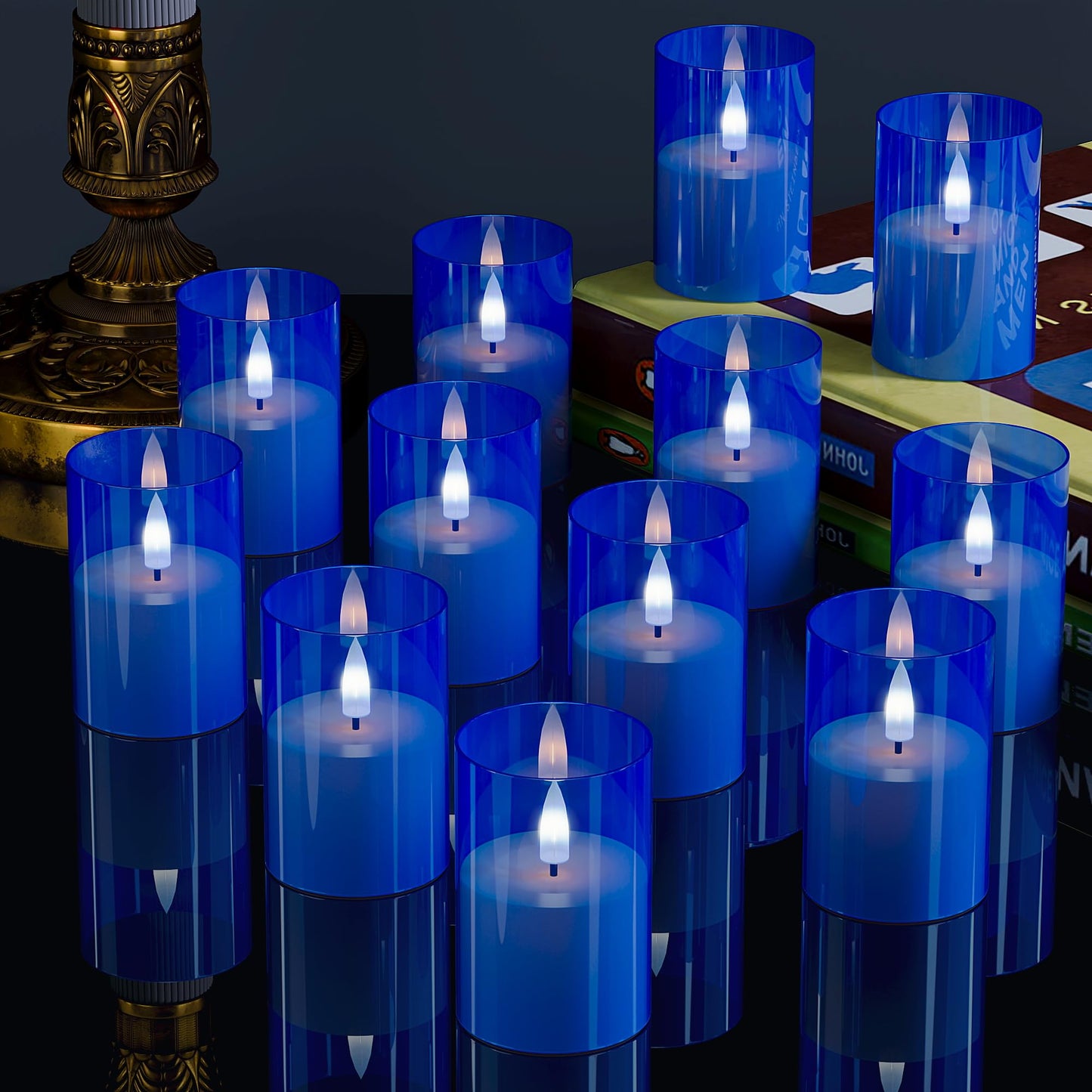 VIODAIM 12Pack Flickering Flameless LED Candles with Timer, Battery Powered - Small Pillar & Votive, Acrylic Made, Blue (2"X3")