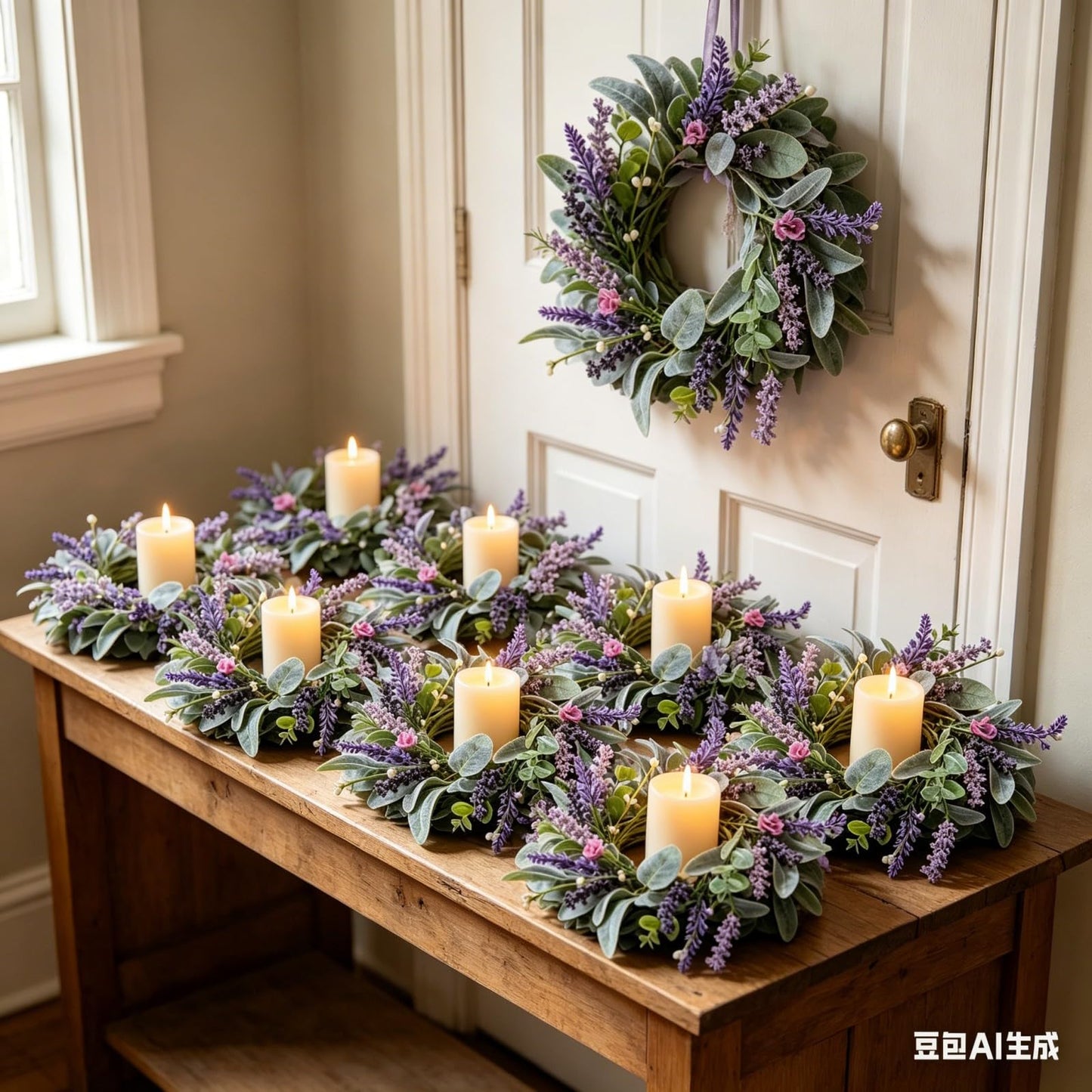 8 pcs Mini Lavender Candle Rings Wreaths Purple Daisy Pillar Holder Wreath Artificial Wild Flower Spring Summer Floral Wreath for Farmhouse Porch Cabinets Table Decoration