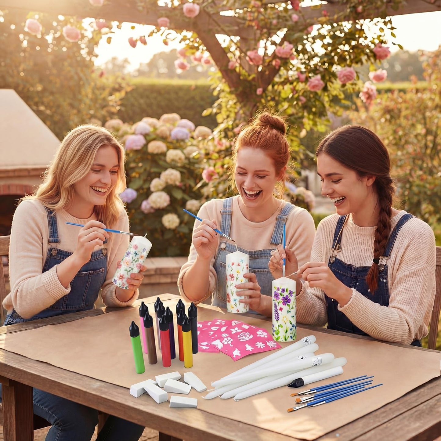 Treela 60 Pcs DIY Candle Painting Kit Include 6 White 6 White Tapered & 6 Pillar Candles 12 Candle Wax Pen 24 Floral Painting Stencils 6 Paint Brushes 6 Sponge Blocks for Craft Birthday Wedding Party