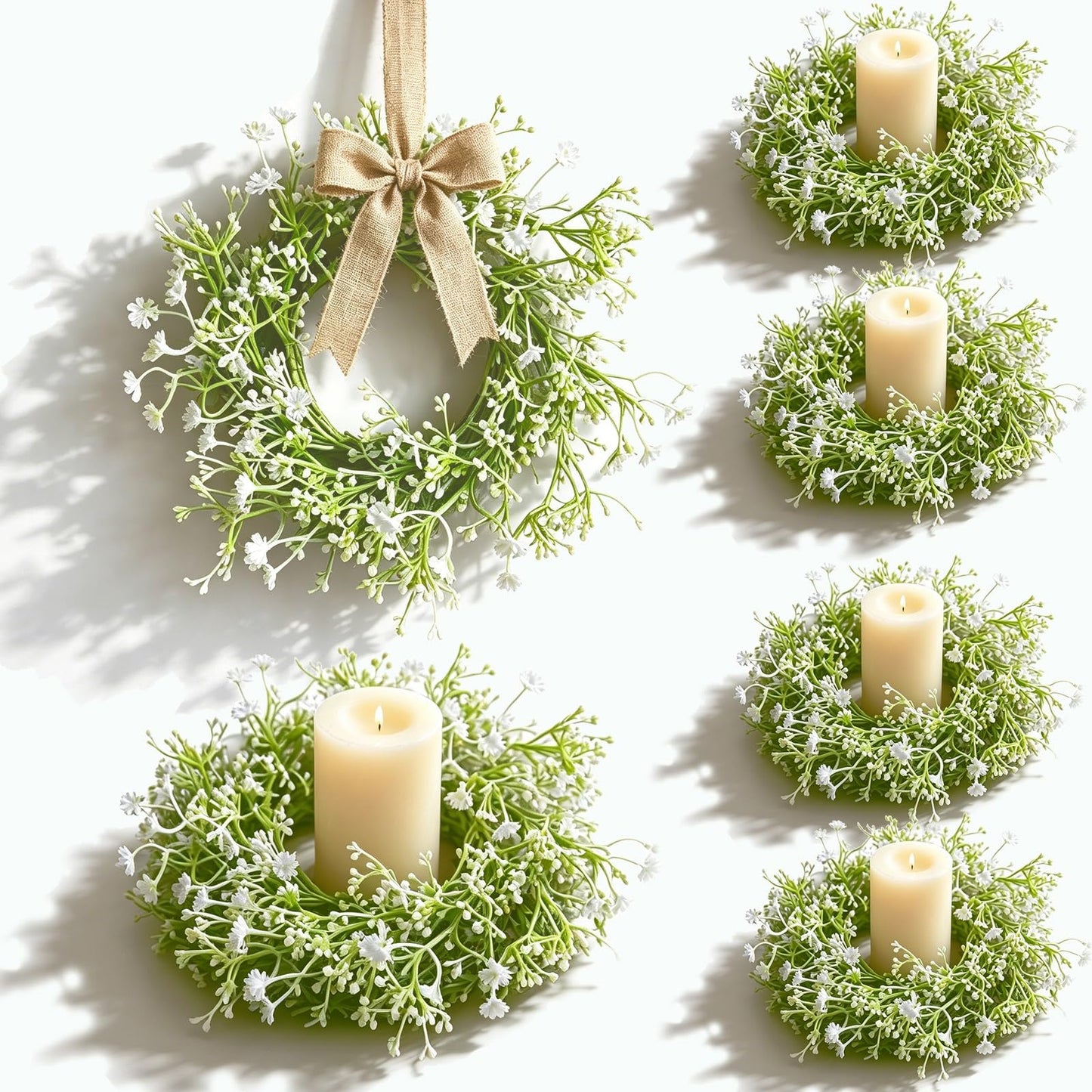 6 Pcs Mini Baby Breath Candle Rings Wreaths Gypsophila Pillar Holder Wreath Artificial Flower Spring Summer Floral Wreath for Wedding Farmhouse Porch Cabinets Table Decoration