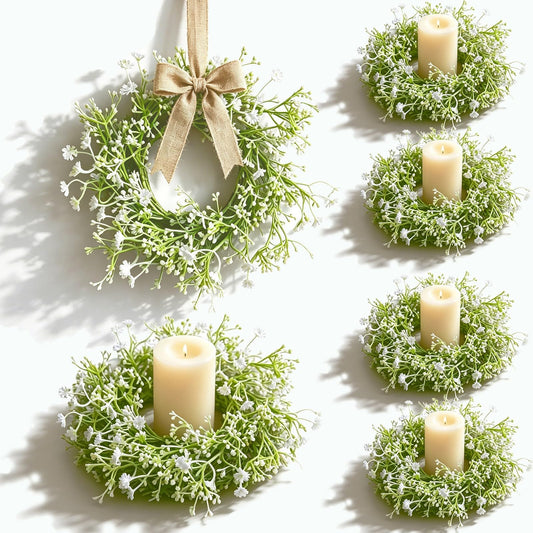 6 Pcs Mini Baby Breath Candle Rings Wreaths Gypsophila Pillar Holder Wreath Artificial Flower Spring Summer Floral Wreath for Wedding Farmhouse Porch Cabinets Table Decoration