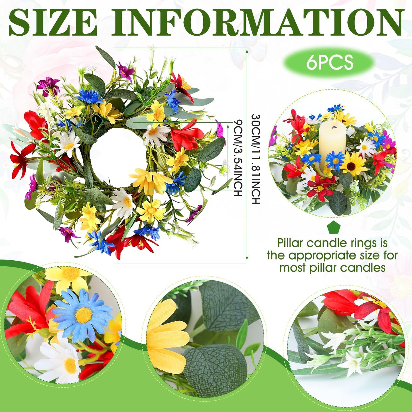 6 PCS Spring Summer Artificial Floral Candle Rings Wreath Sunflowers Daisy Forsythia Candle Rings Pillar Holder Wreath Mini Eucalyptus Candle Wreaths Kitchen Cabinet Swags for Home Tabletop Decor