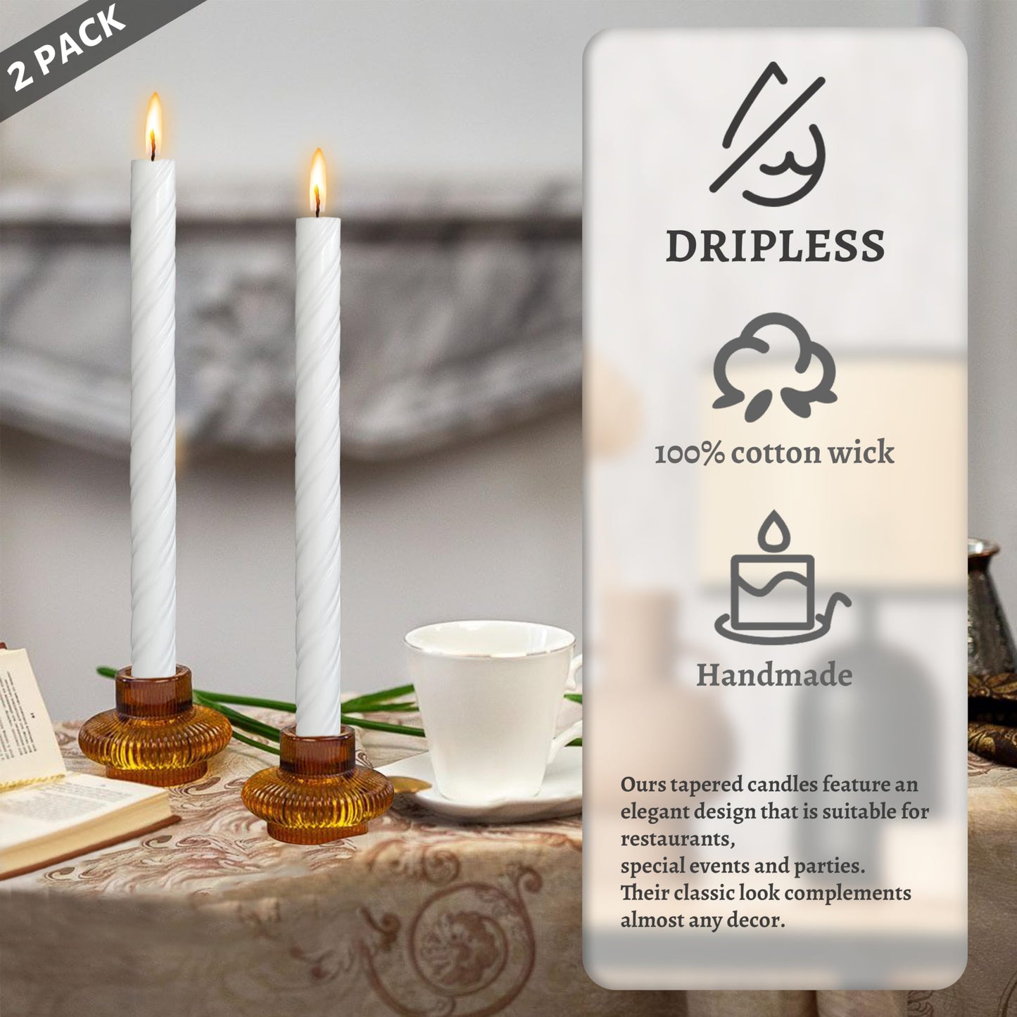 Dripless Taper Candles Unscented White Spiral Candles Smokeless 10 Inch Long Lasting Burn Candlesticks for Home Decoration Christmas Gifts(2Pcs)