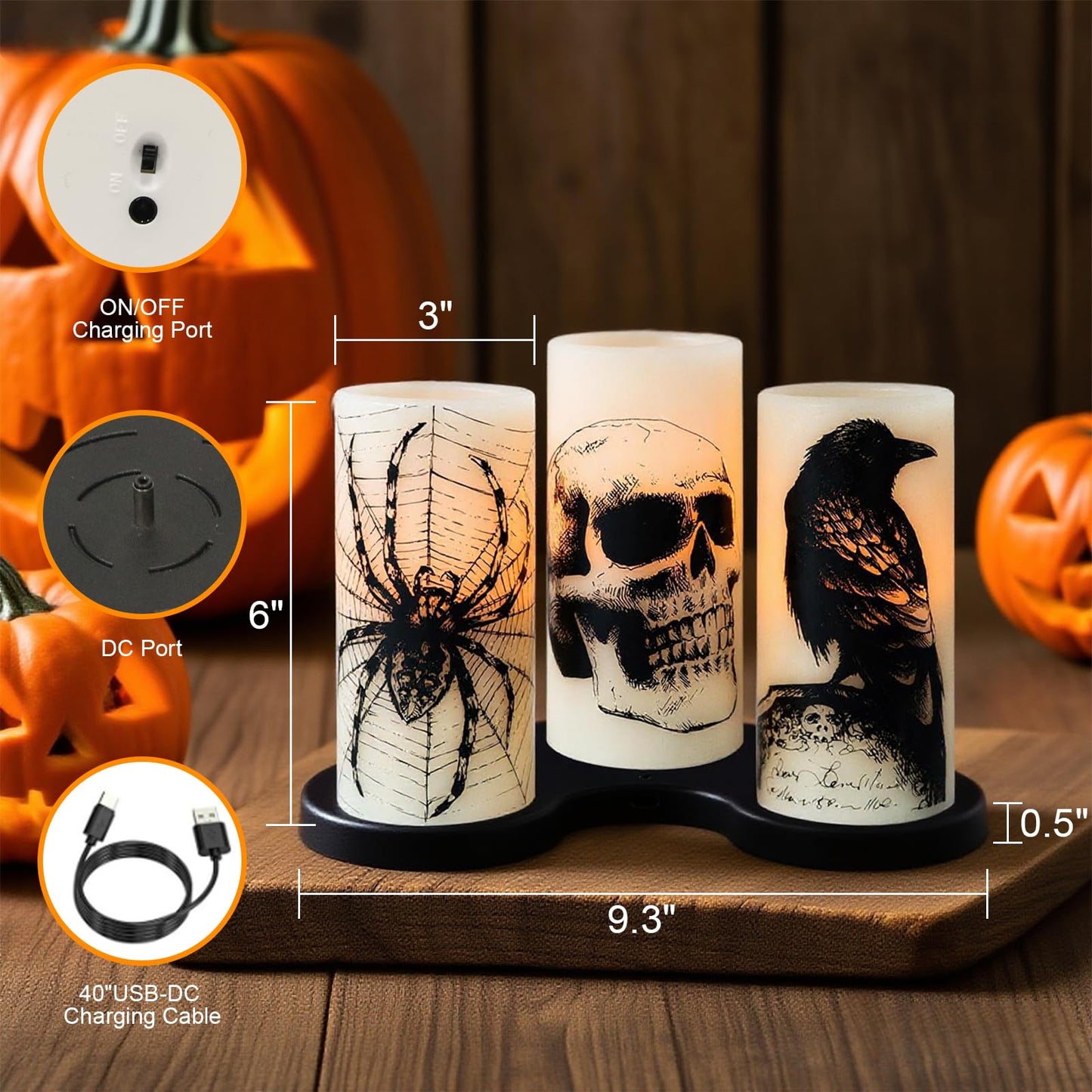 Eldnacele Halloween Flameless Candles with Skull,Spider Web, Crow Raven Decal, Rechargeable Battery Operated Cycle Timer Halloween Themed LED Real Wax Ivory Candles Spooky Decor(3pcs,D3×H6)