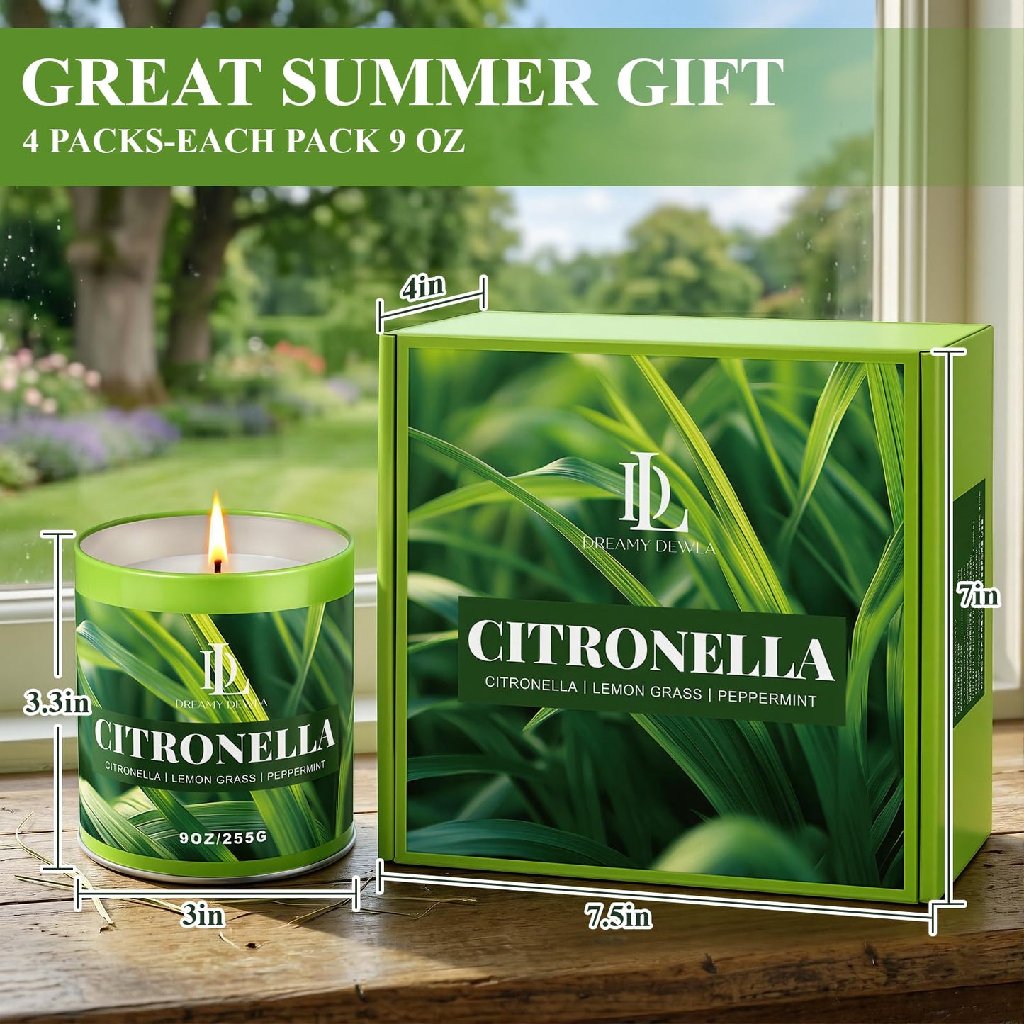 Citronella Candle Outdoor 4 Pack, 9oz Citronella Scented Candles for Outdoor Camping Patio, Natural Soy Wax with Essential Oils Non Toxic Candles, Summer Gifts for Outside Backyard Garden Picnic