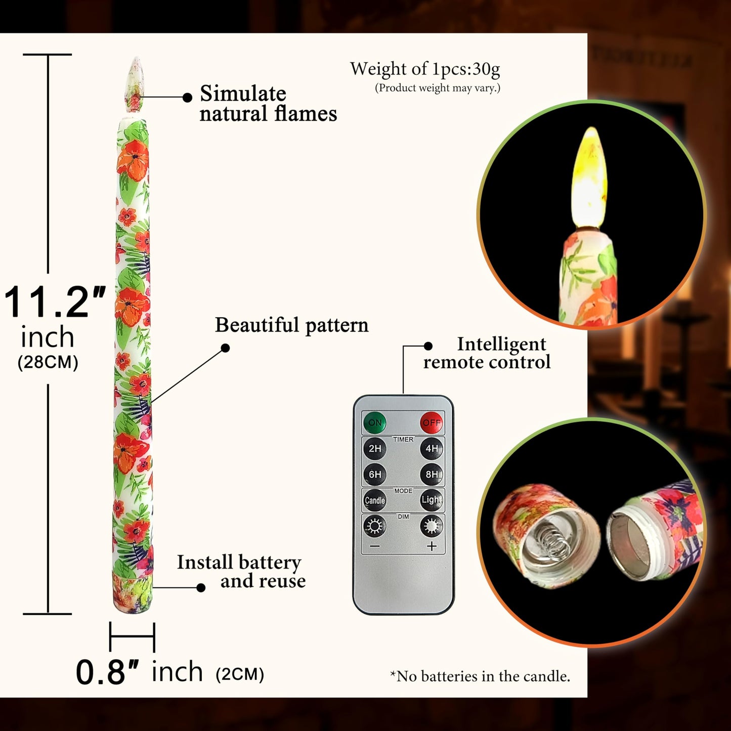 FCMSHAMD 6PCS Tropical Flower Flameless Taper Candles, 11 Inch LED Candlesticks Battery Operated with 11-Key Remote and Timer, 3D Flickering Flame Lights for Wedding Party Home Decor Gifts