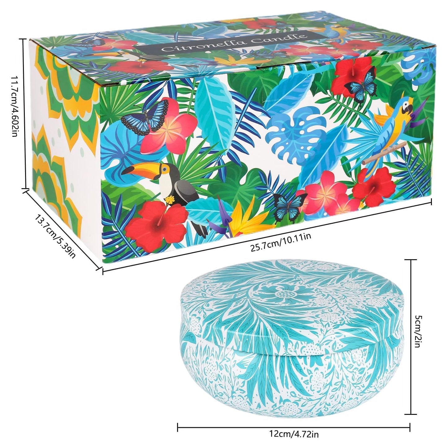 4-Pack Citronella Candle Set in Decorative Tropical Flower Tin Boxes - 3-Wick Functional Decorative Candles for Indoor & Outdoor Use - Perfect for Camping, Travel, BBQ, Picnics, and Mother's Day Gift