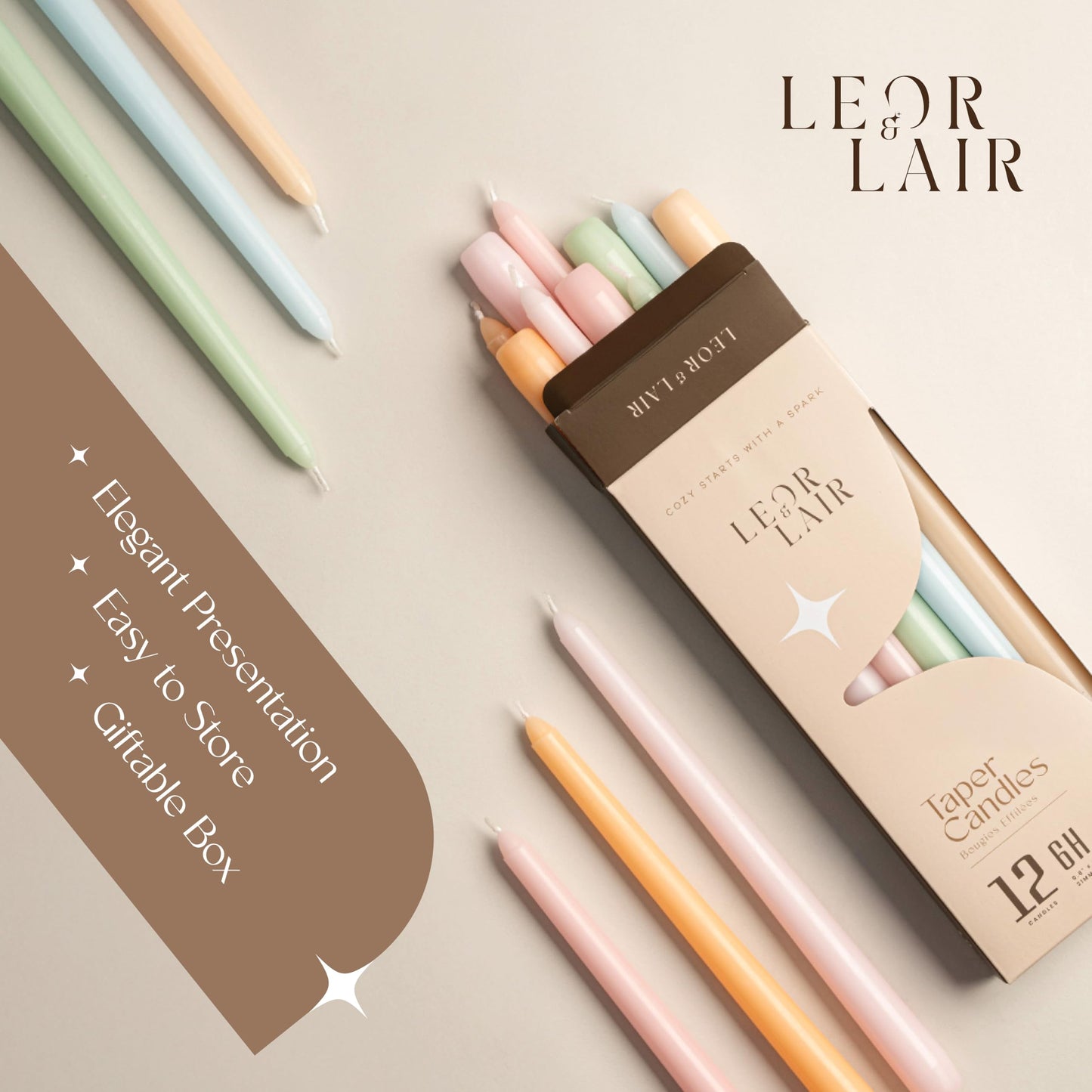 Leor & Lair Pastel Taper Candles 12 Pack - 10" Elegant Tall Candlesticks with 6 Hour Burn Time - Pastel Candle Sticks for Easter Decorations, Wedding & Party Table Decor